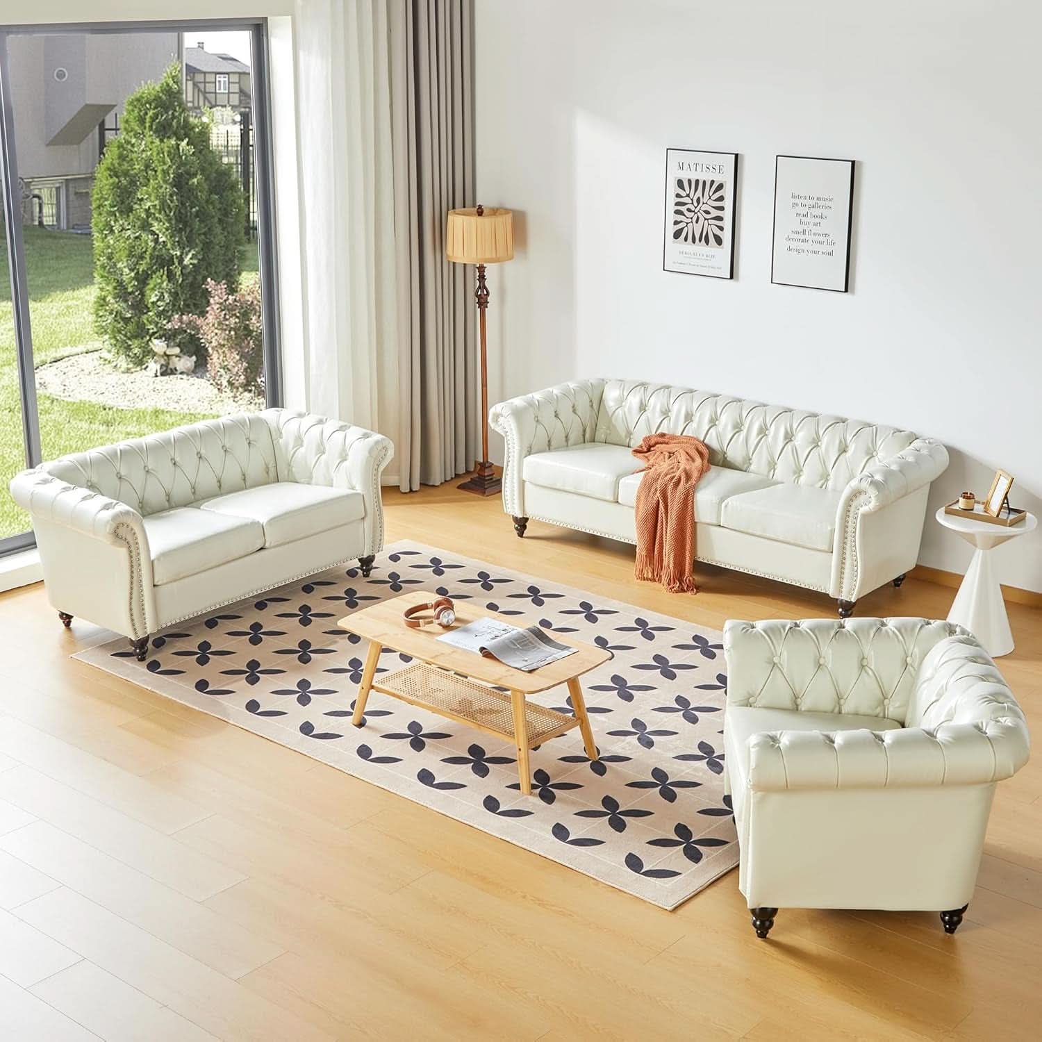 2 Piece Chesterfield Faux Leather Living Room Set Loveseat And Chair With Scroll Arms And Nailhead White