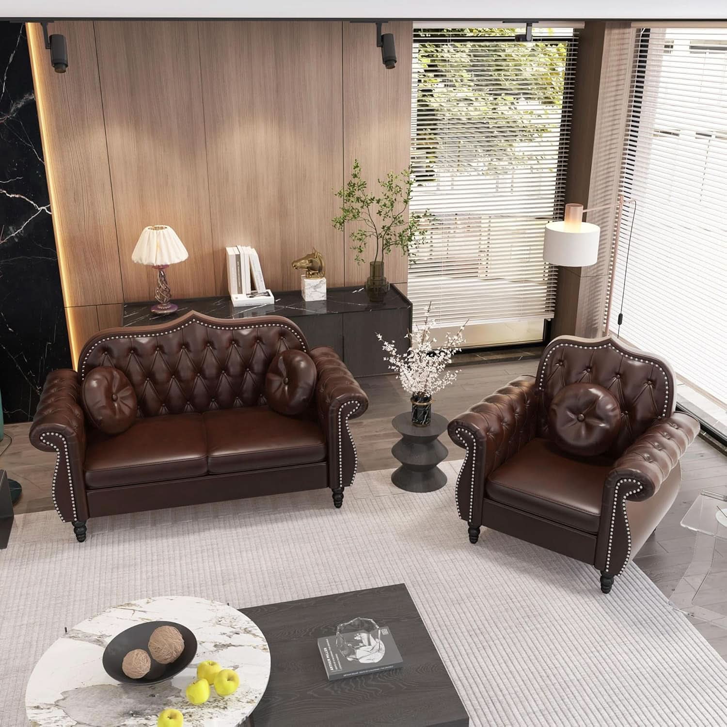2 Piece Living Room Set Mid-Century Modern Chesterfield Chair Loveseat in Brown PU Leather Edition