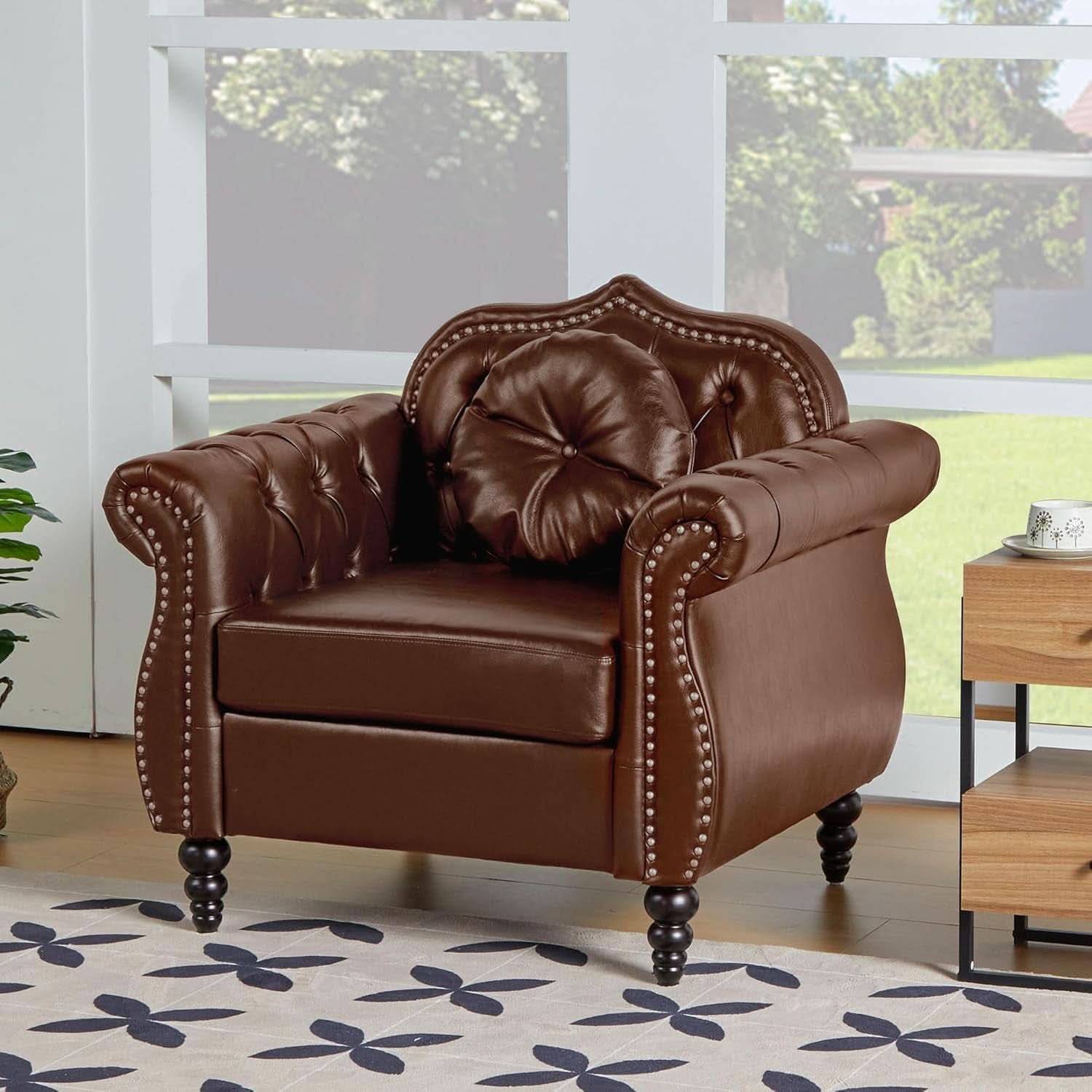 2 Piece Living Room Set Mid-Century Modern Chesterfield Chair Loveseat in Brown PU Leather Edition