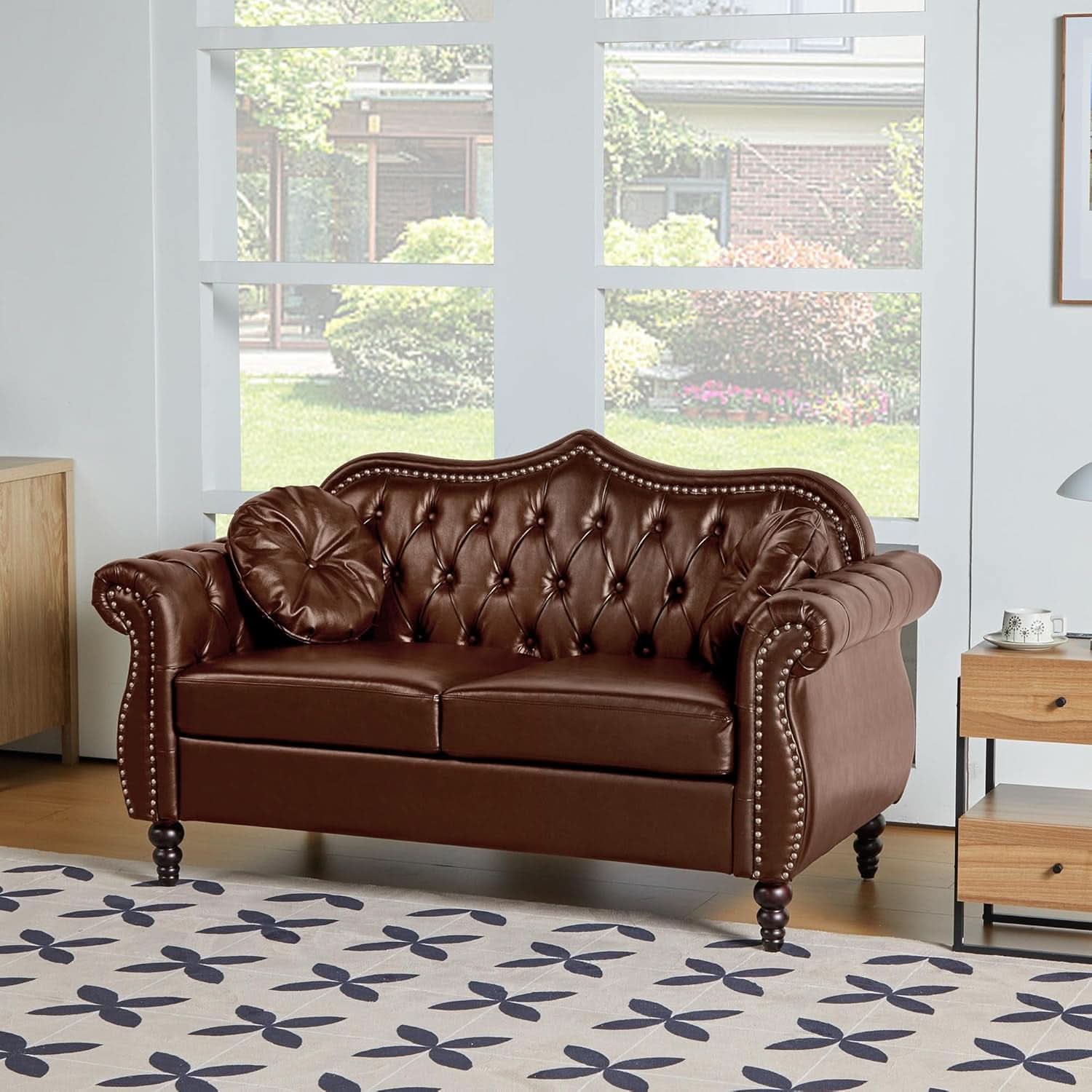 2 Piece Living Room Set Mid-Century Modern Chesterfield Chair Loveseat in Brown PU Leather Edition
