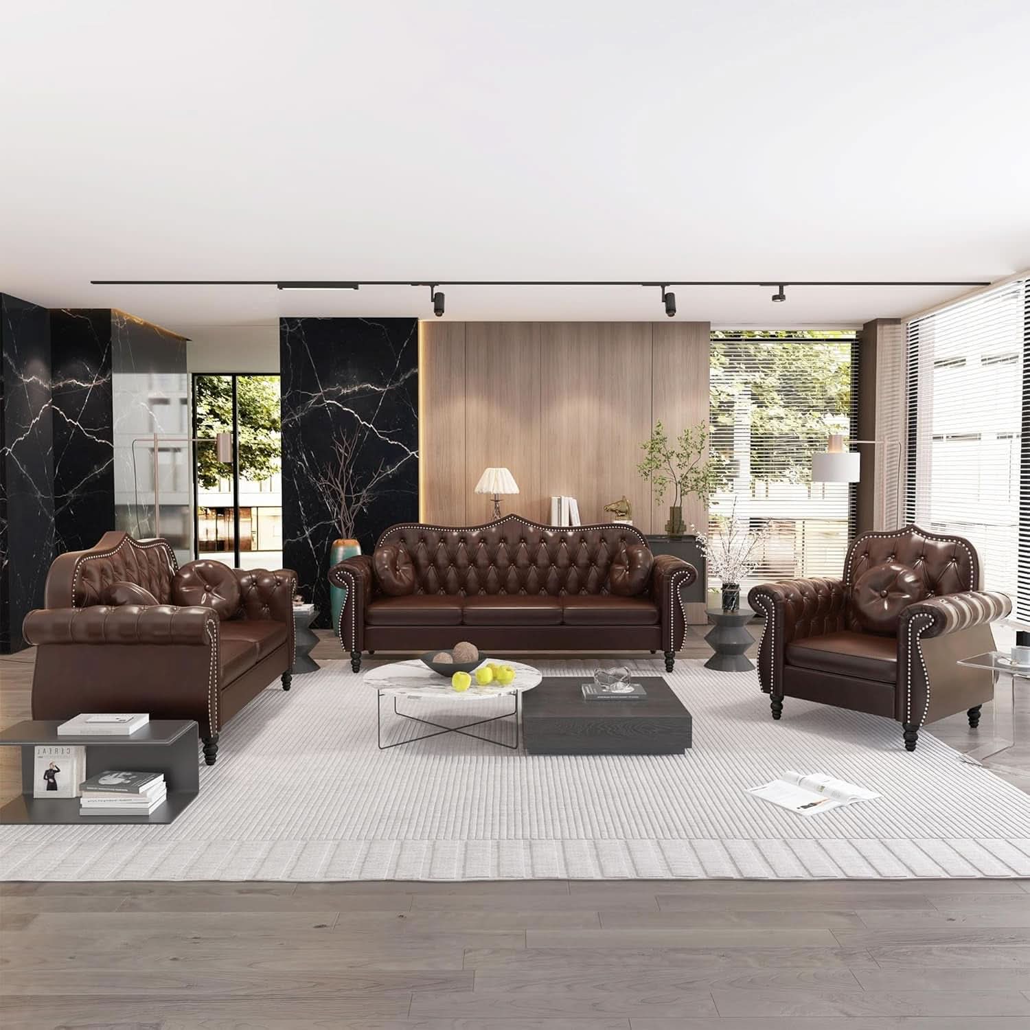 2 Piece Living Room Set Mid-Century Modern Chesterfield Chair Loveseat in Brown PU Leather Edition