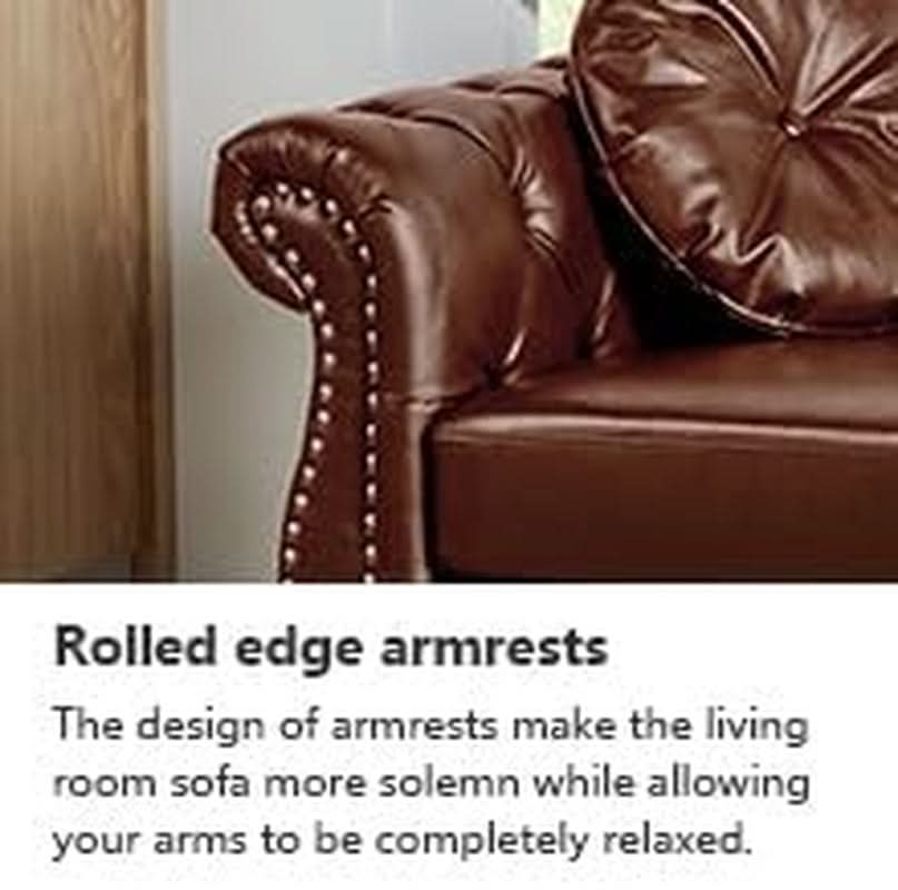 2 Piece Living Room Set Mid-Century Modern Chesterfield Chair Loveseat in Brown PU Leather Edition