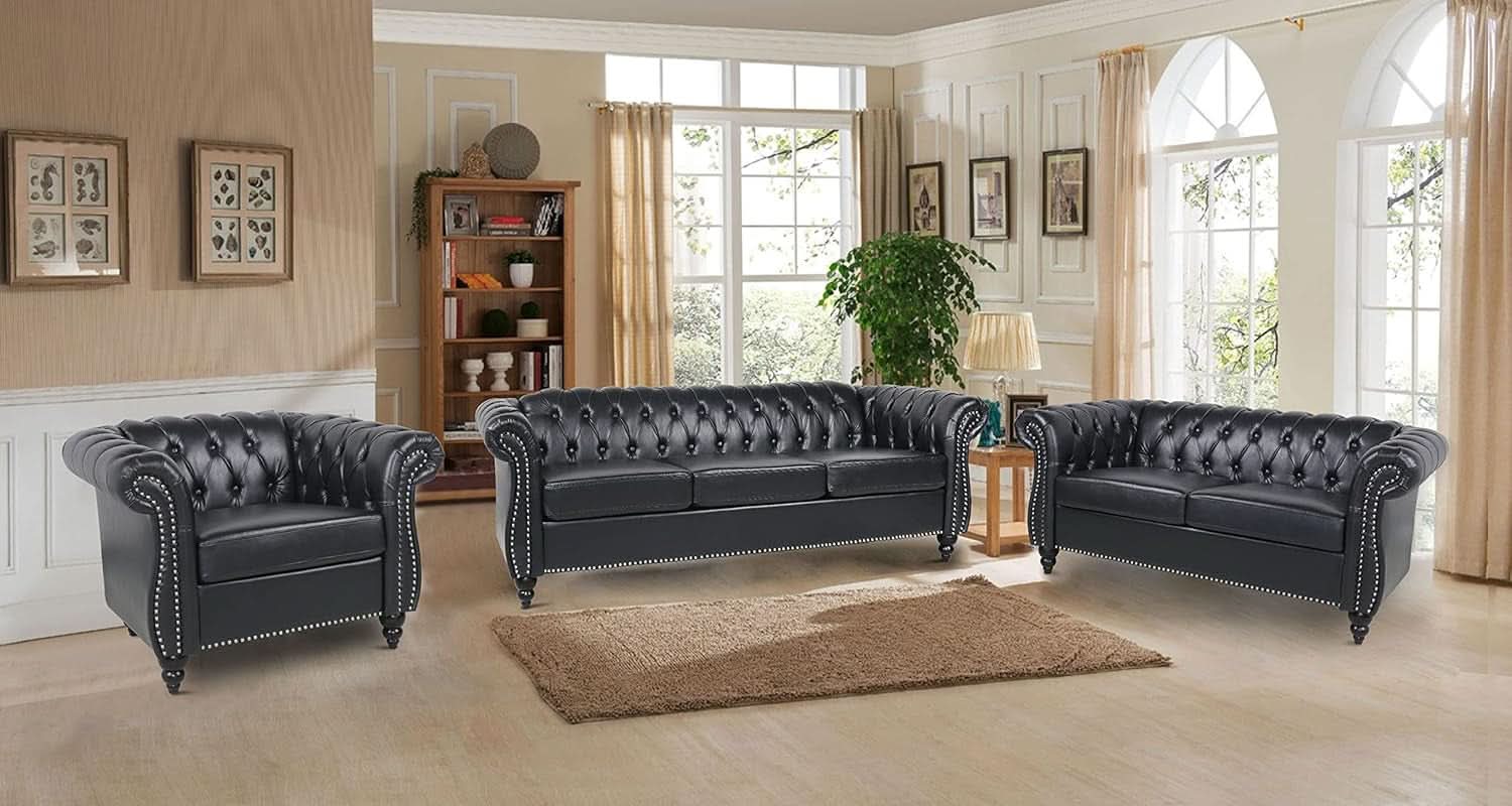 2 Piece Living Room Sofa Set Black Faux Leather Club Chair And Chesterfield Loveseat