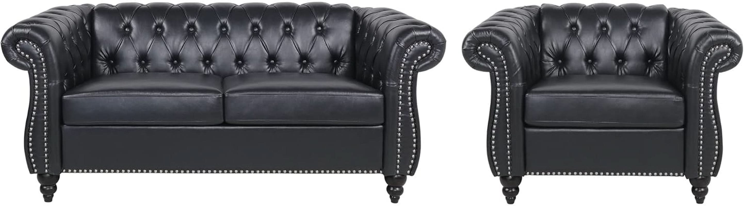 2 Piece Living Room Sofa Set Black Faux Leather Club Chair And Chesterfield Loveseat