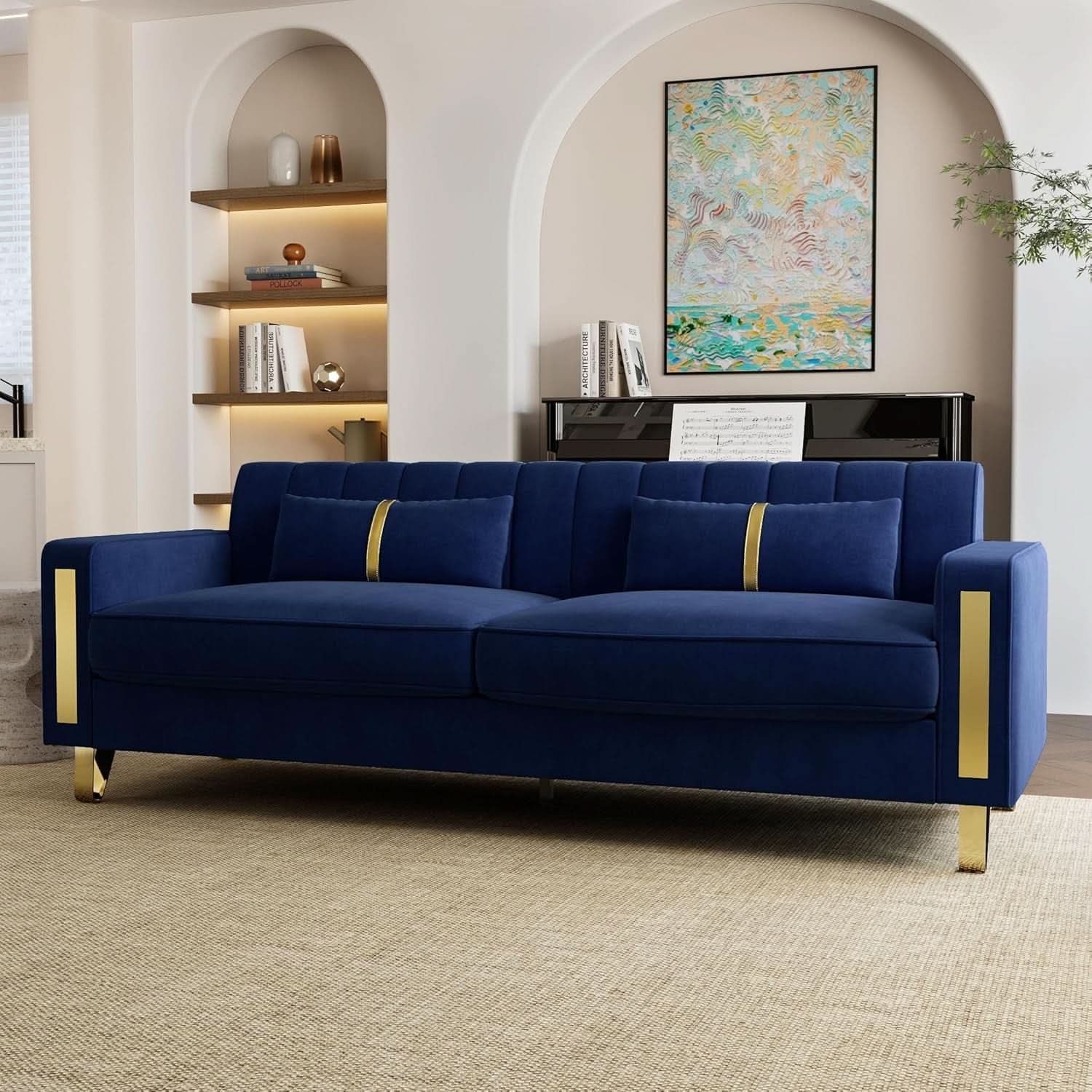 2 Piece Velvet Loveseat Sofa Set For Living Room 86 Inch Blue With Gold Metal Legs And 4 Pillows