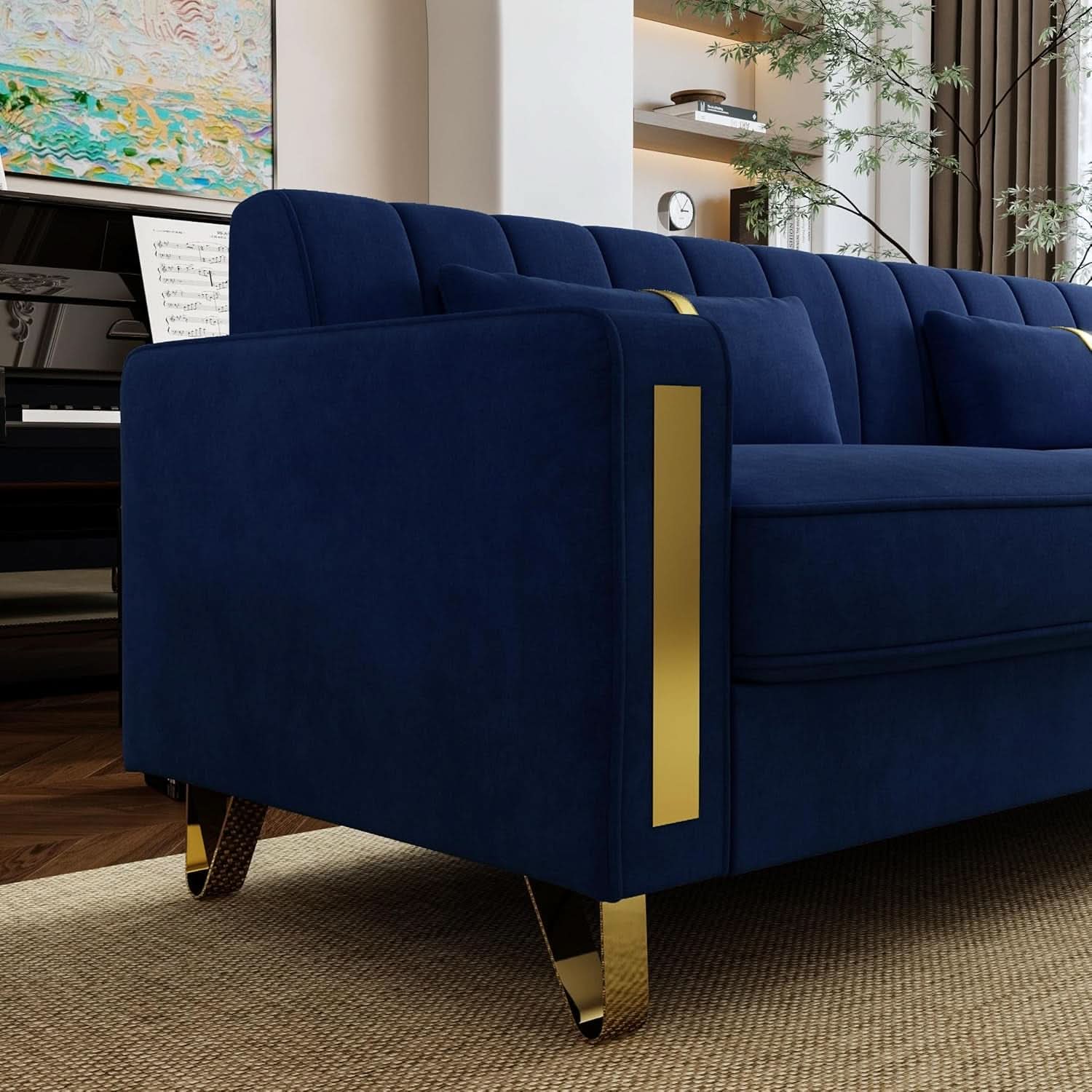2 Piece Velvet Loveseat Sofa Set For Living Room 86 Inch Blue With Gold Metal Legs And 4 Pillows