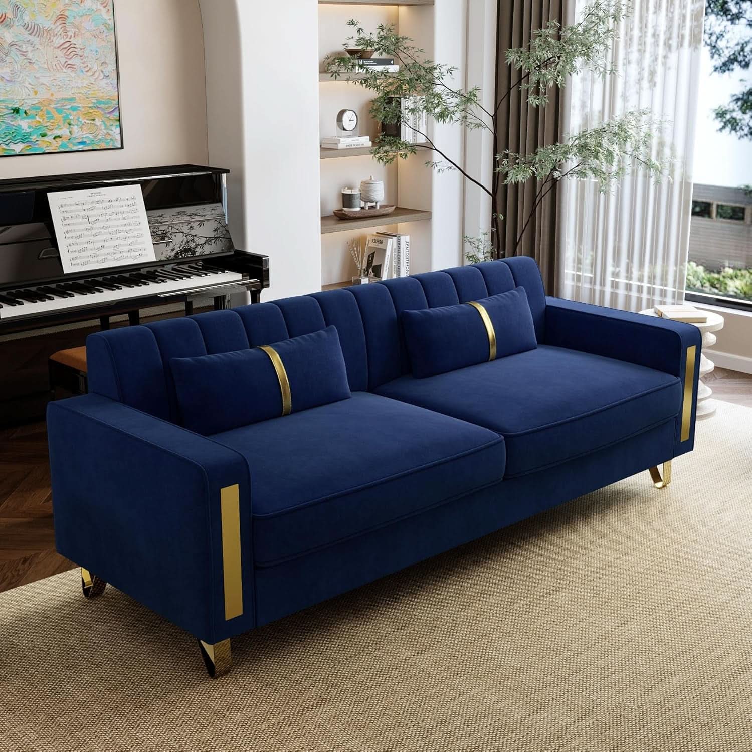 2 Piece Velvet Loveseat Sofa Set For Living Room 86 Inch Blue With Gold Metal Legs And 4 Pillows