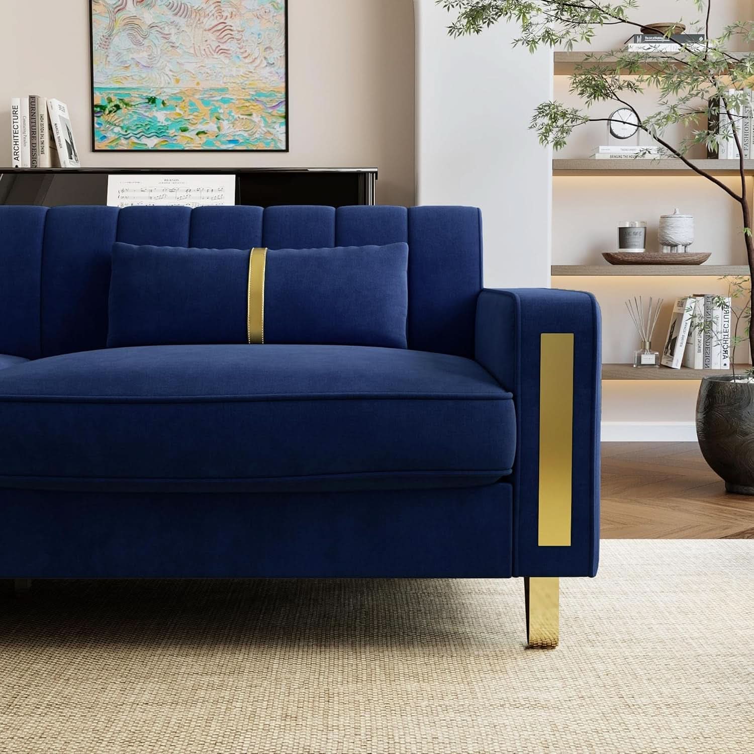 2 Piece Velvet Loveseat Sofa Set For Living Room 86 Inch Blue With Gold Metal Legs And 4 Pillows