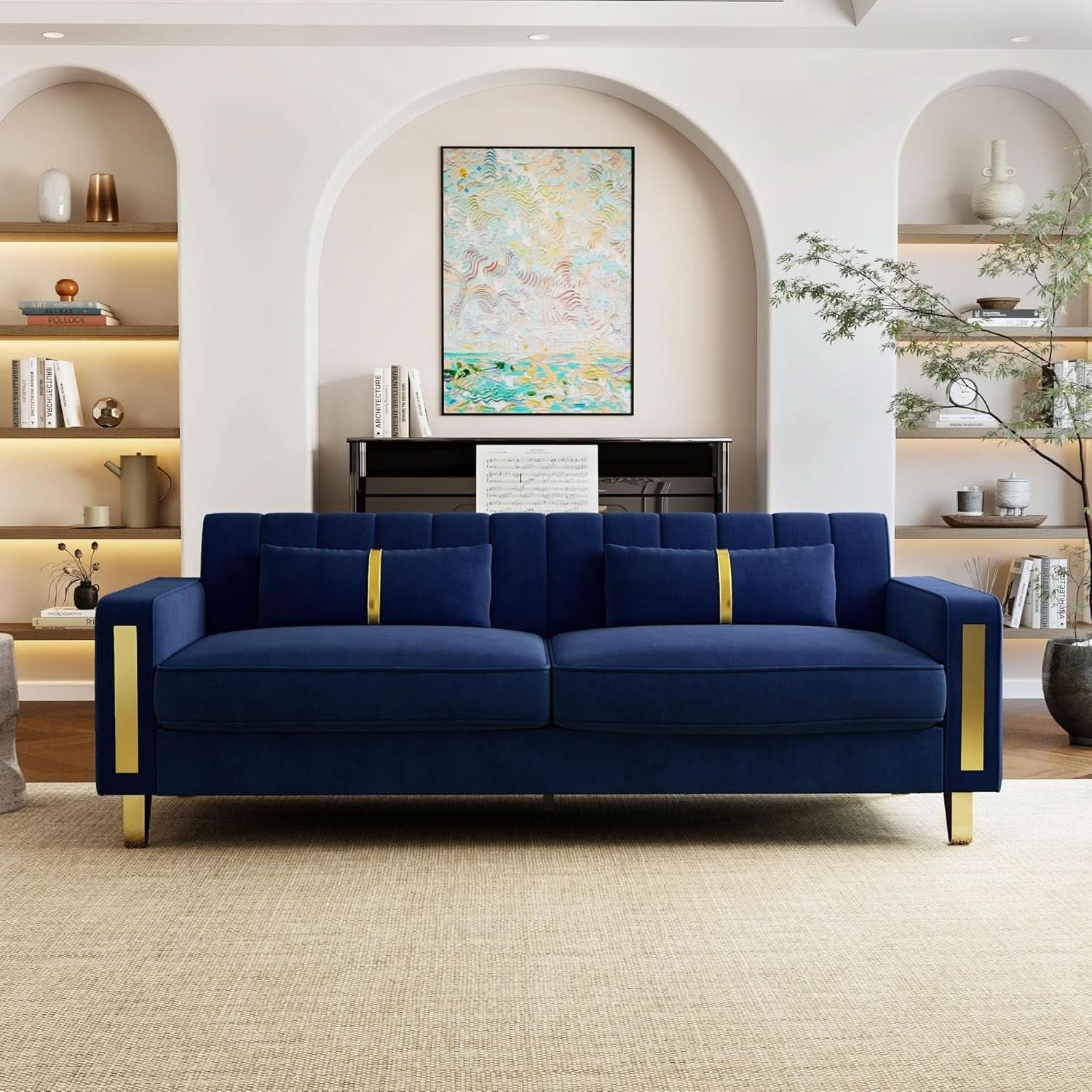 2 Piece Velvet Loveseat Sofa Set For Living Room 86 Inch Blue With Gold Metal Legs And 4 Pillows