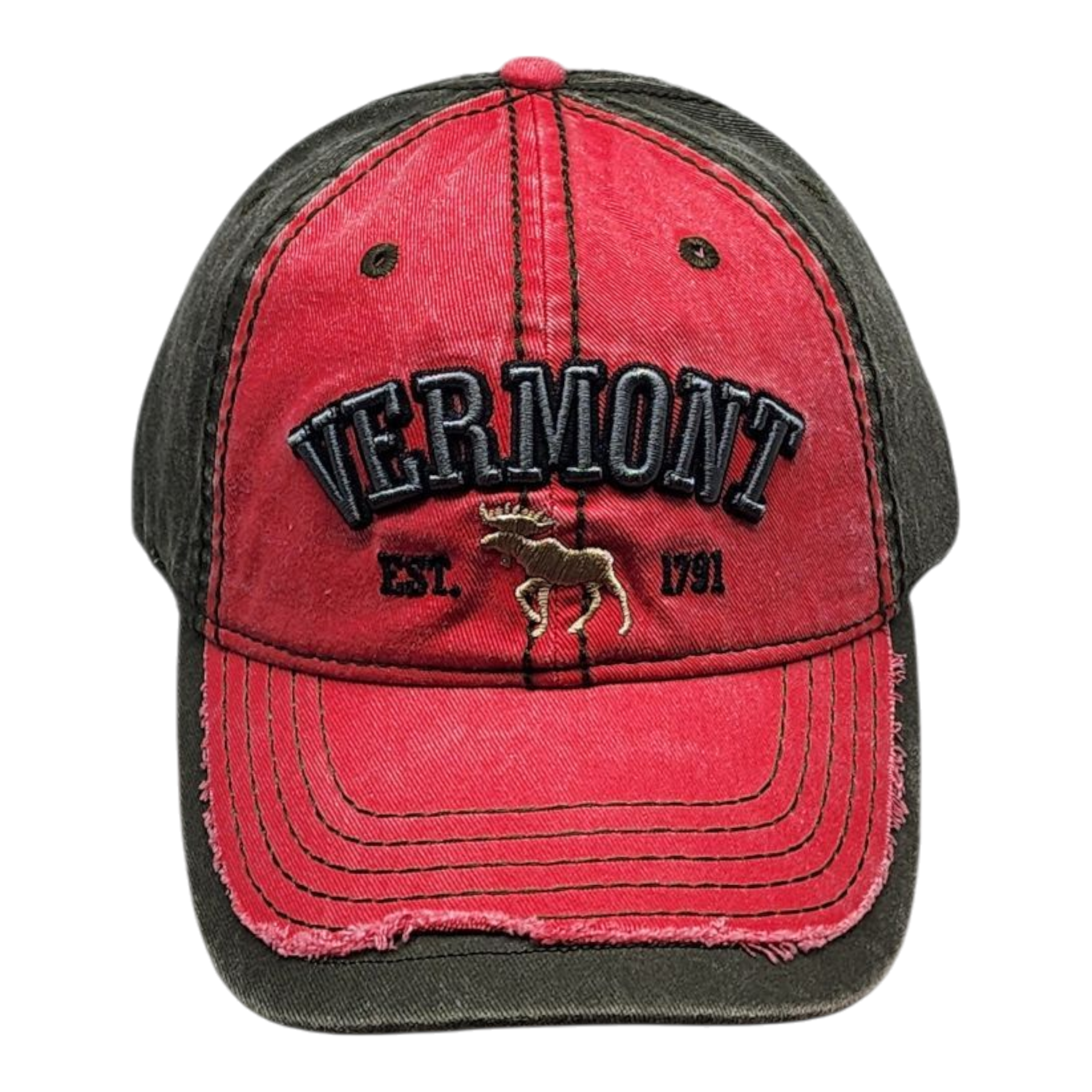 2 Tone Embroidered Hat - Vermont 1791 Moose - Cranberry and Olive