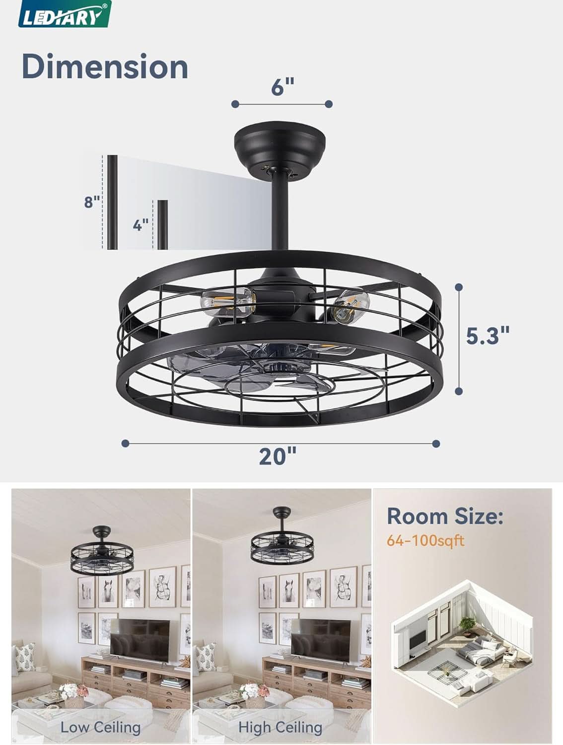 20 Inch Black Bladeless Fandelier Ceiling Fan With Light And Remote 6 Speeds For Kitchen Bedroom Living Room