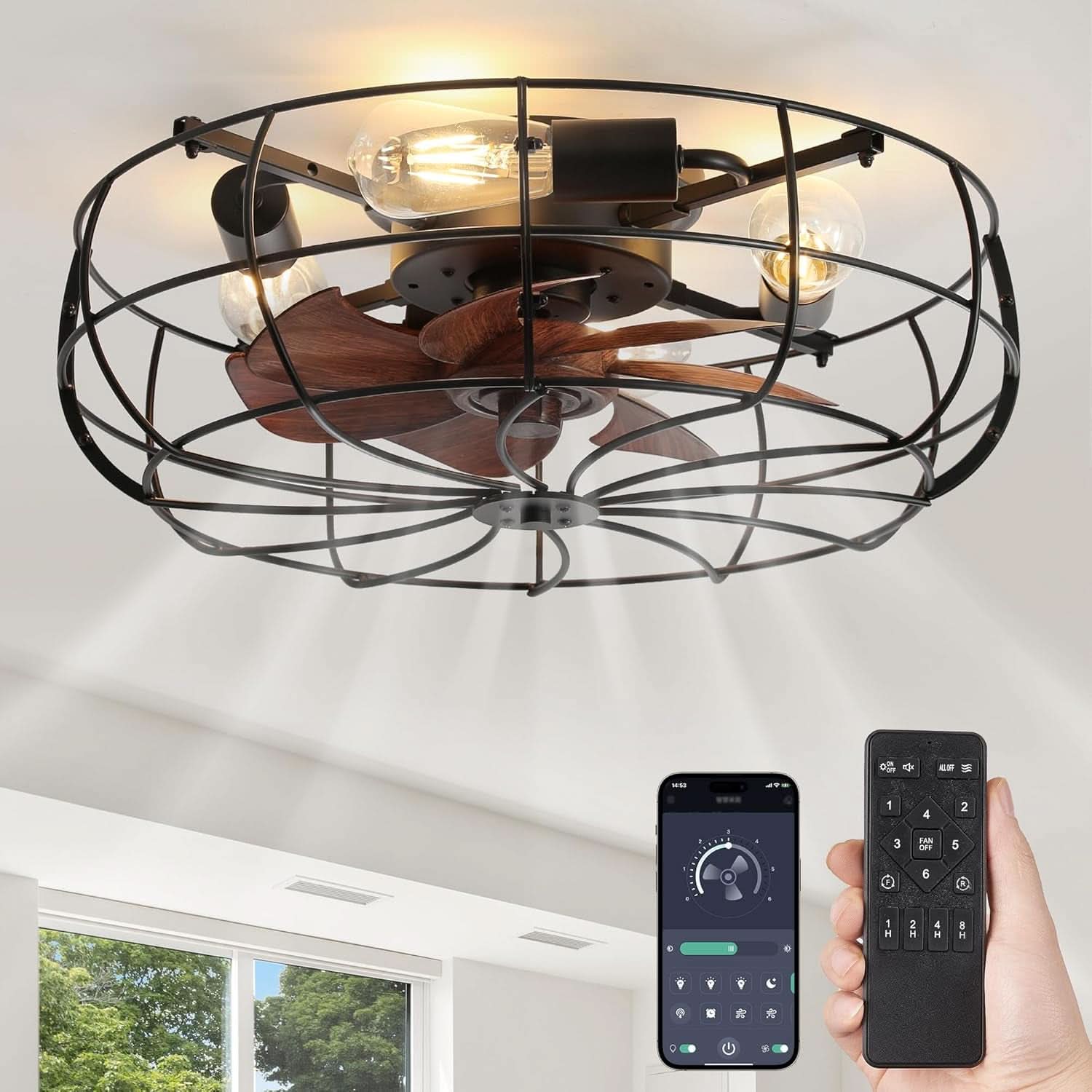 20 Inch Caged Industrial Ceiling Fan With Remote Control And Dimmable LED Lighting