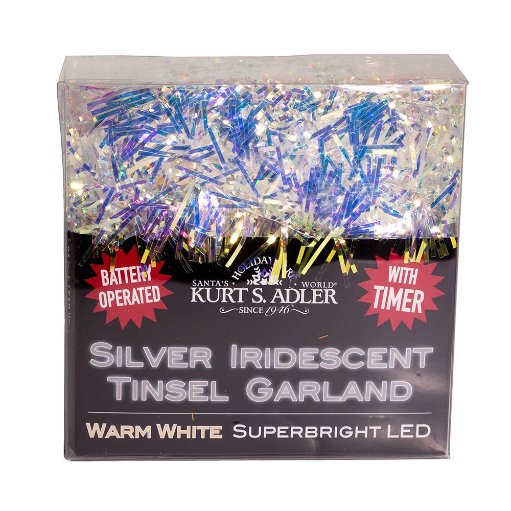 20-Light Battery-Operated Warm White Superbright LED Silver Iridescent Tinsel