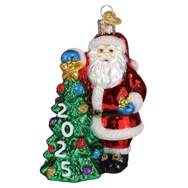 2025 Santa With Tree Glass Ornament