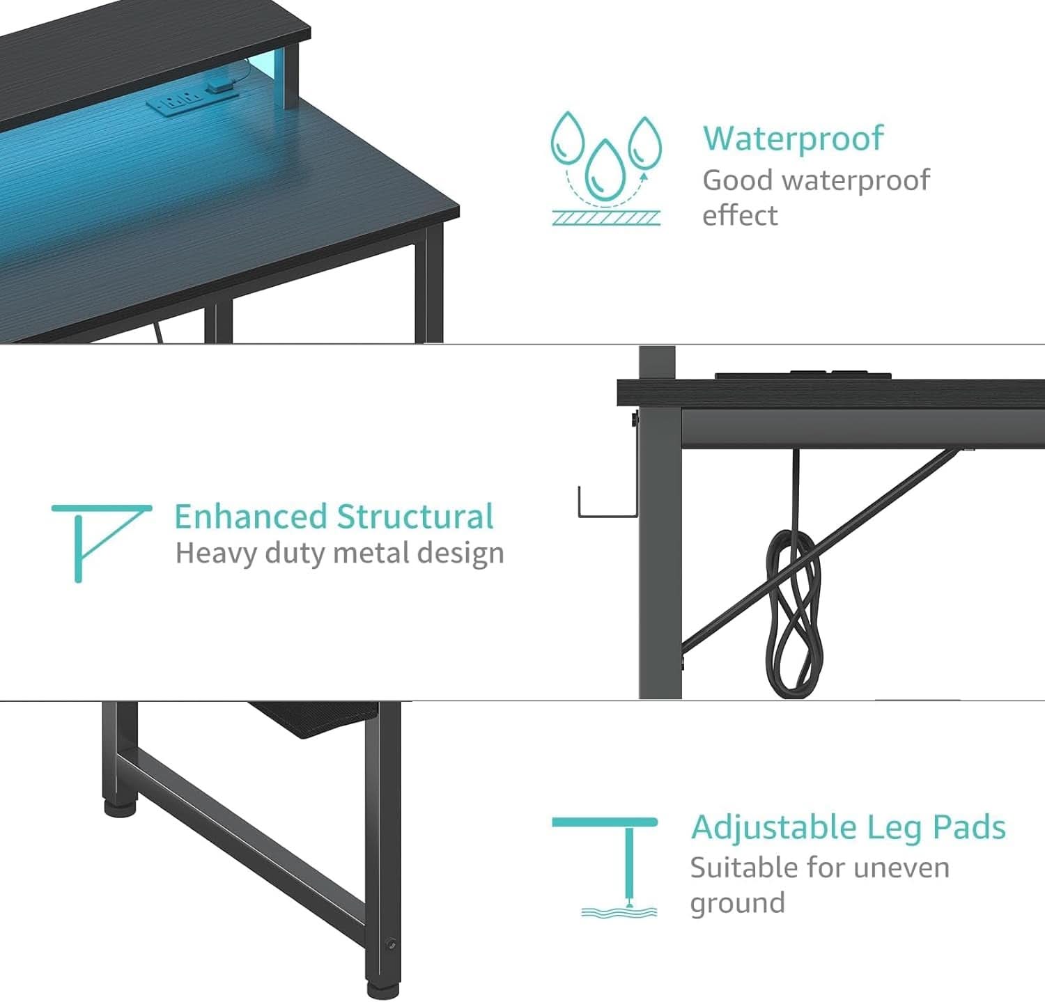 Black 40 Inch RGBIlluminated Gaming Desk With USB Ports