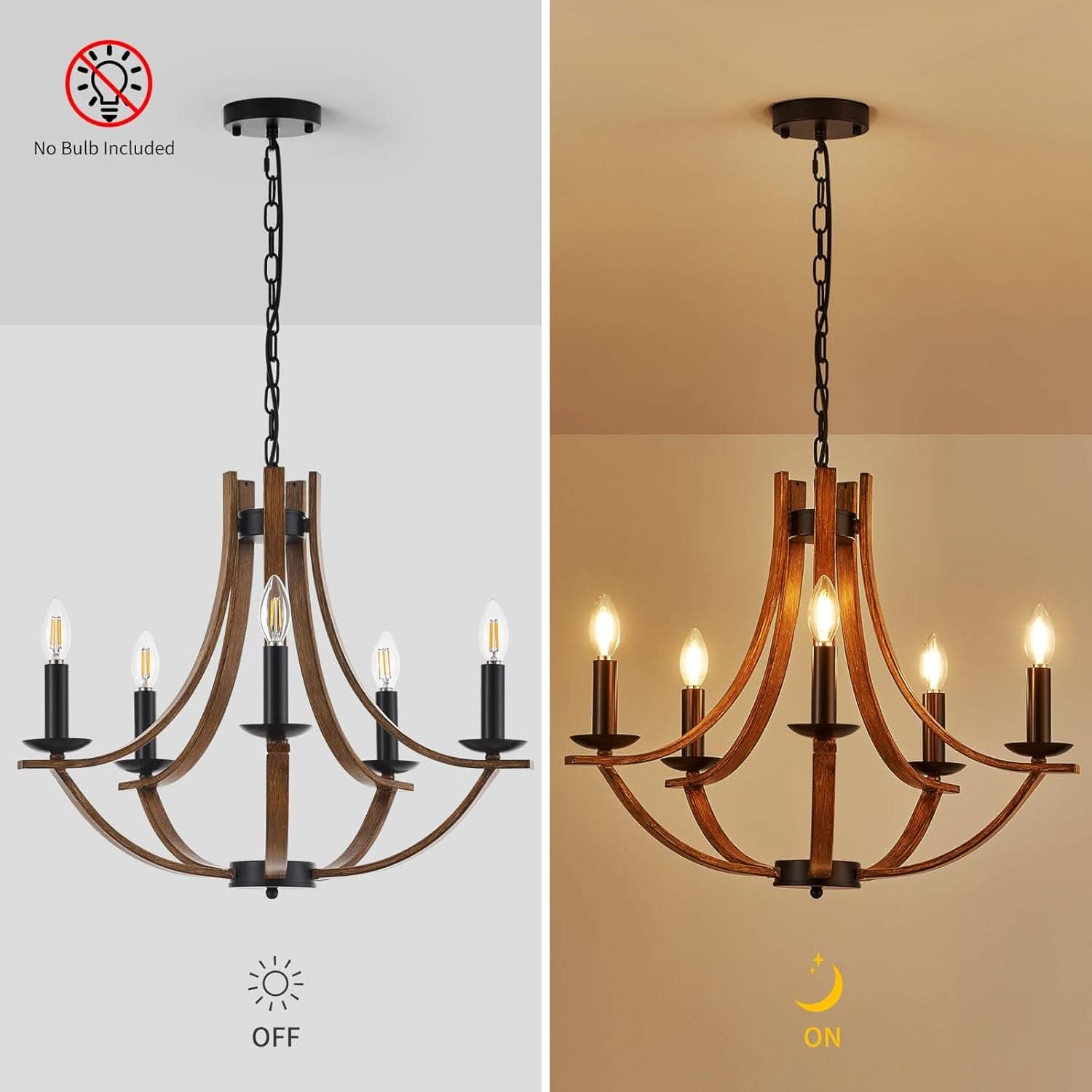 22 Inch Farmhouse Wooden Chandelier In Black Finish For Dining Room Lighting With Candle Style Ambience