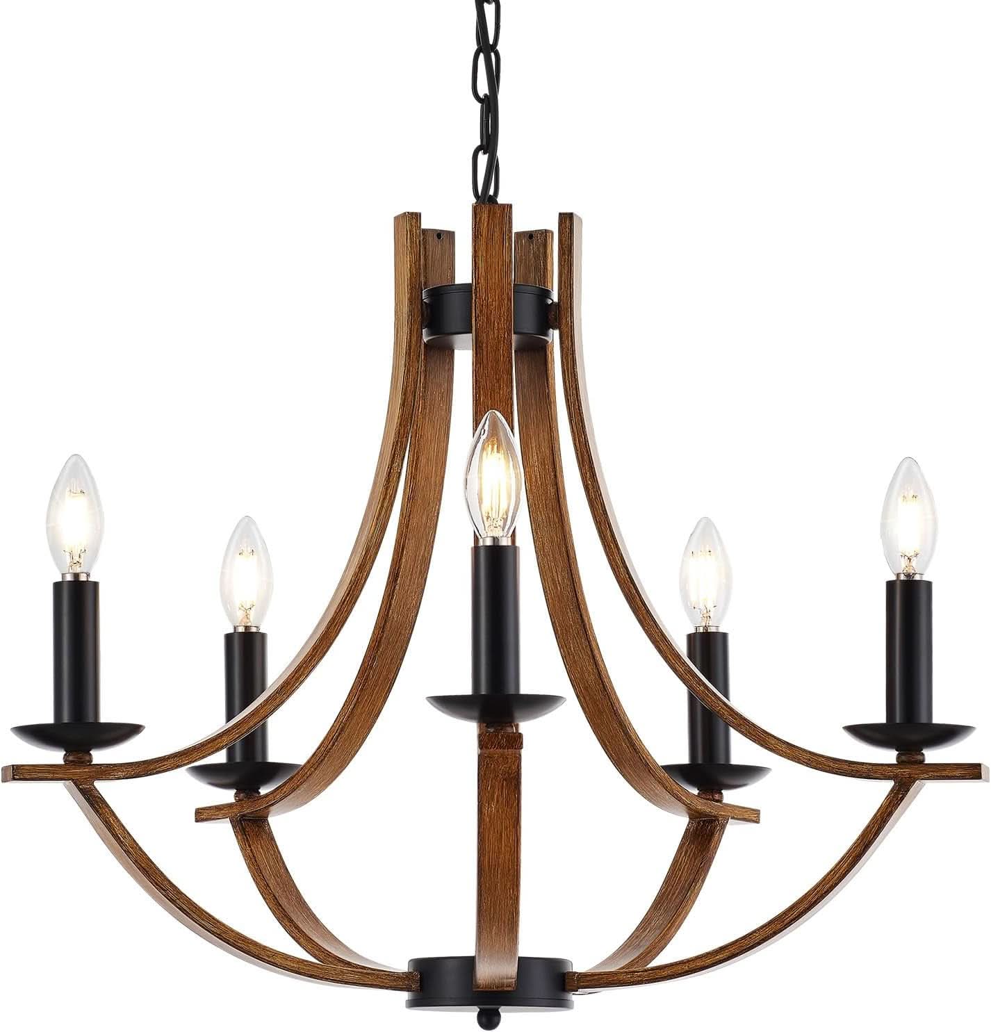 22 Inch Farmhouse Wooden Chandelier In Black Finish For Dining Room Lighting With Candle Style Ambience