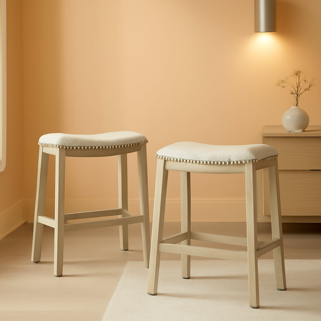 24 Inch Counter Height Saddle Stool 2 Pack Beige Fabric Nailhead Trim