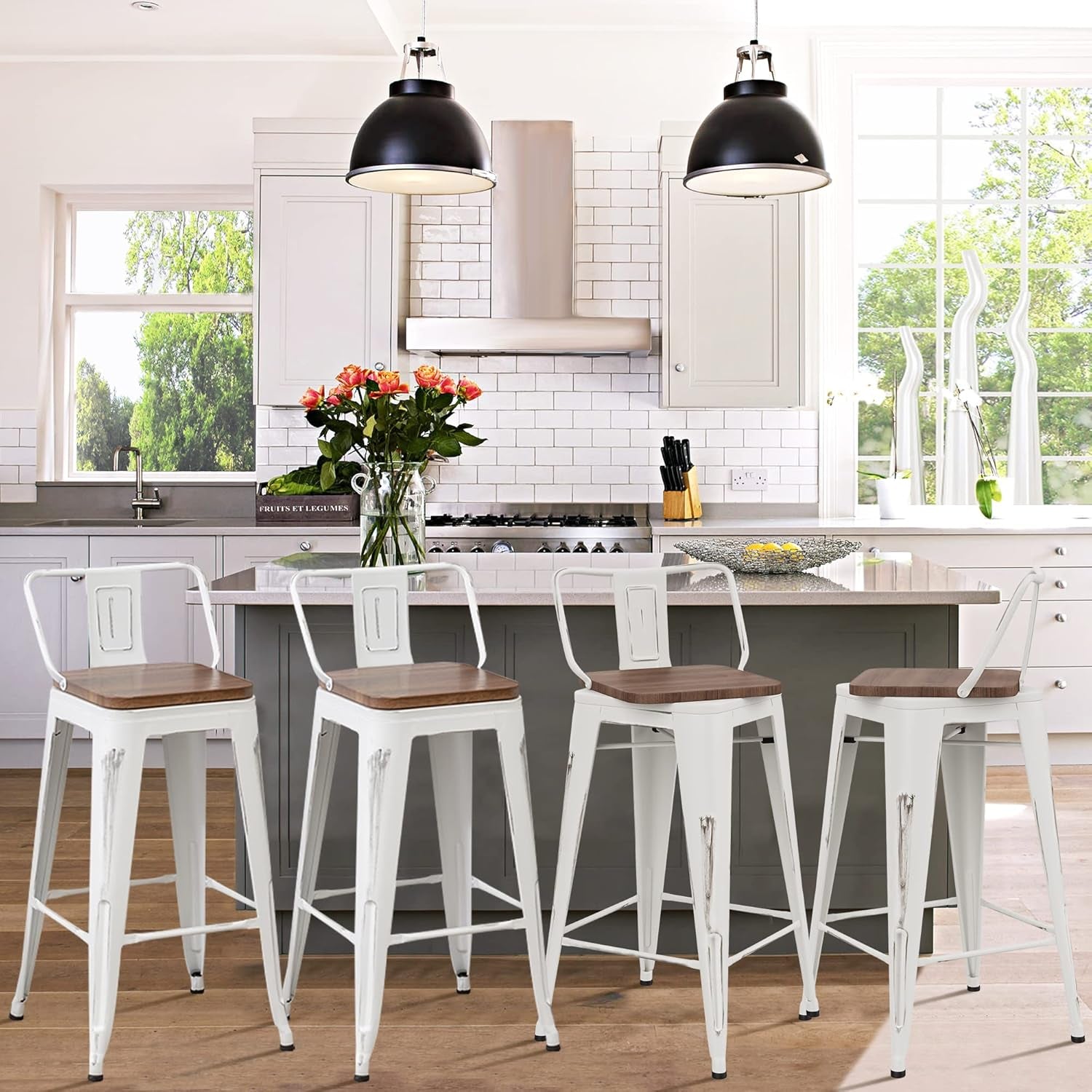 24 Inch Distressed White Industrial Swivel Metal Bar Stools Set Of 4 Counter Height