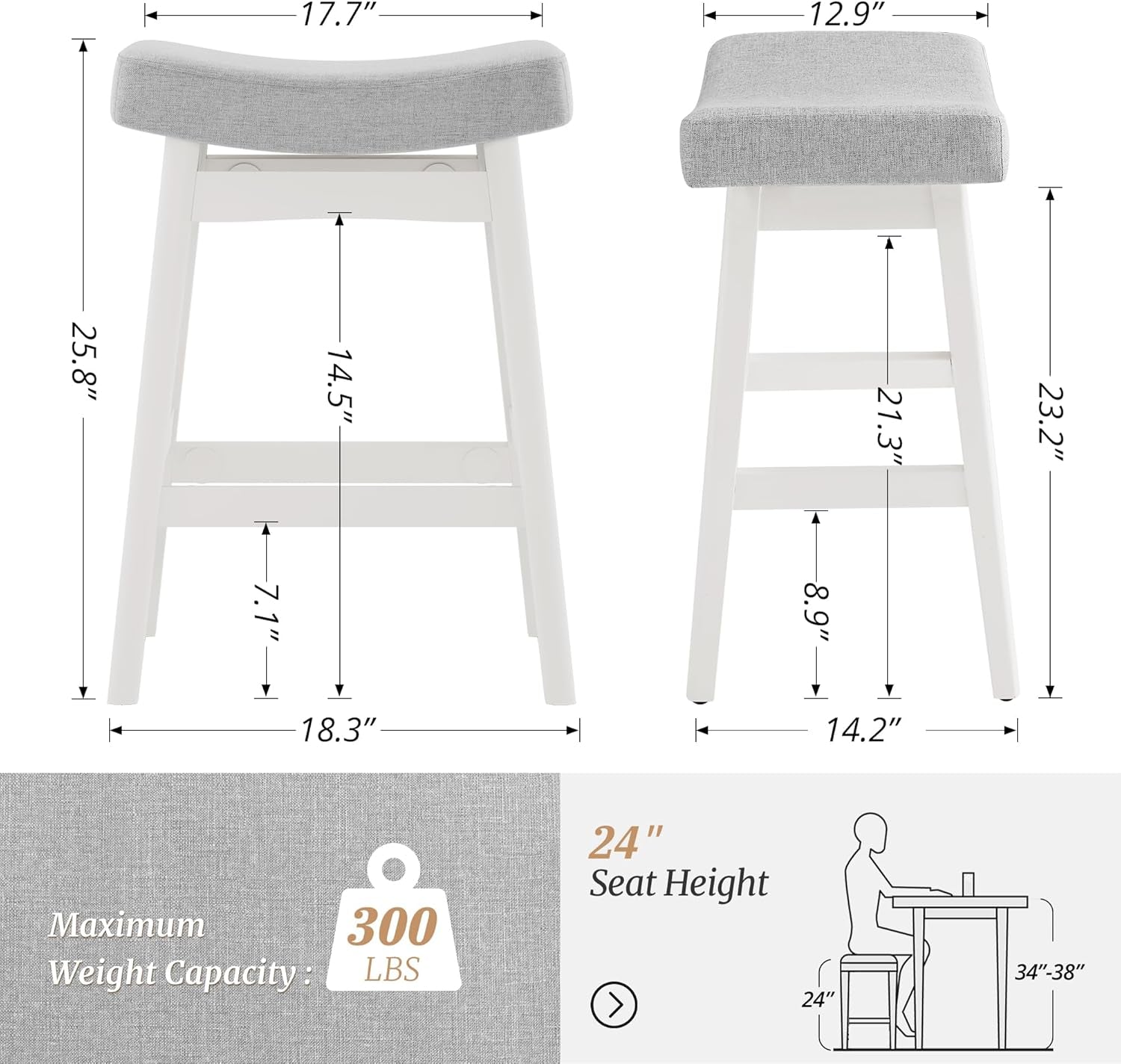 24 Inch Light Gray Farmhouse Bar Stools with Wood Legs, Set of 2