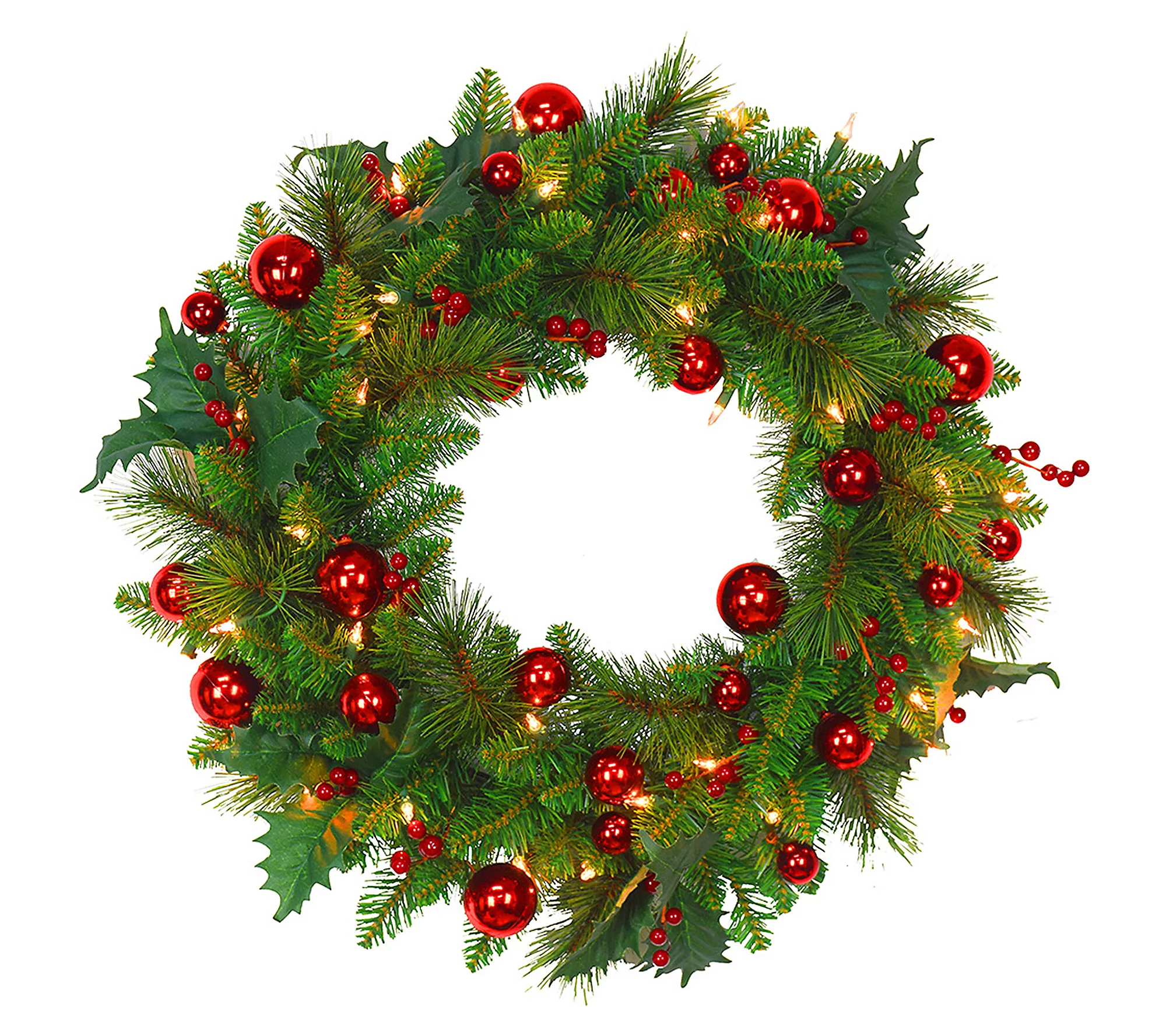 24 Inch Lighted Wreath With Red Balls
