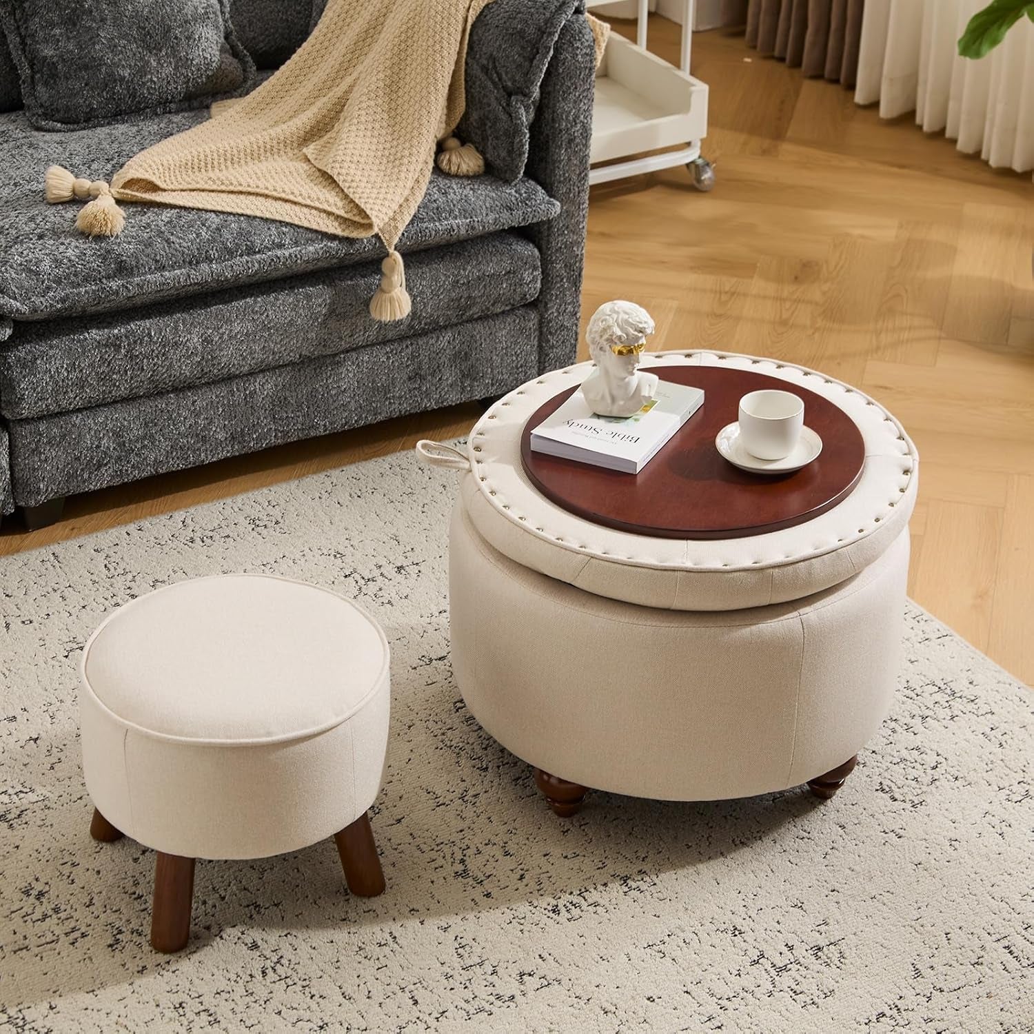 24 Inch Round Khaki Storage Ottoman Removable Top Cover