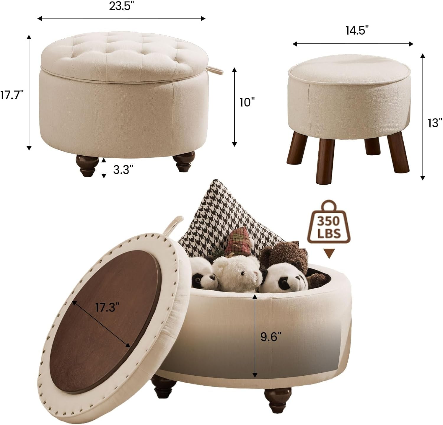 24 Inch Round Khaki Storage Ottoman Removable Top Cover