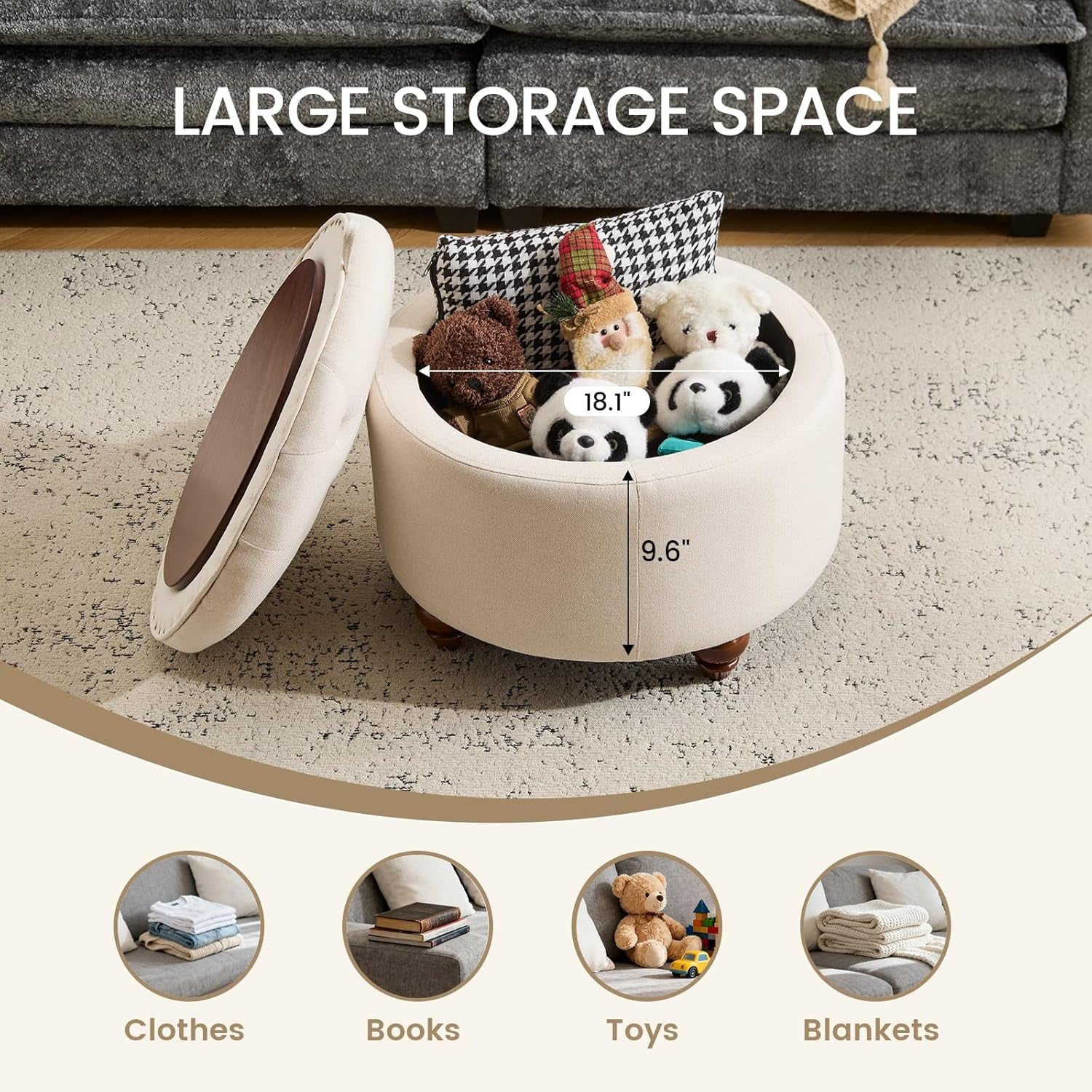 24 Inch Round Khaki Storage Ottoman Removable Top Cover