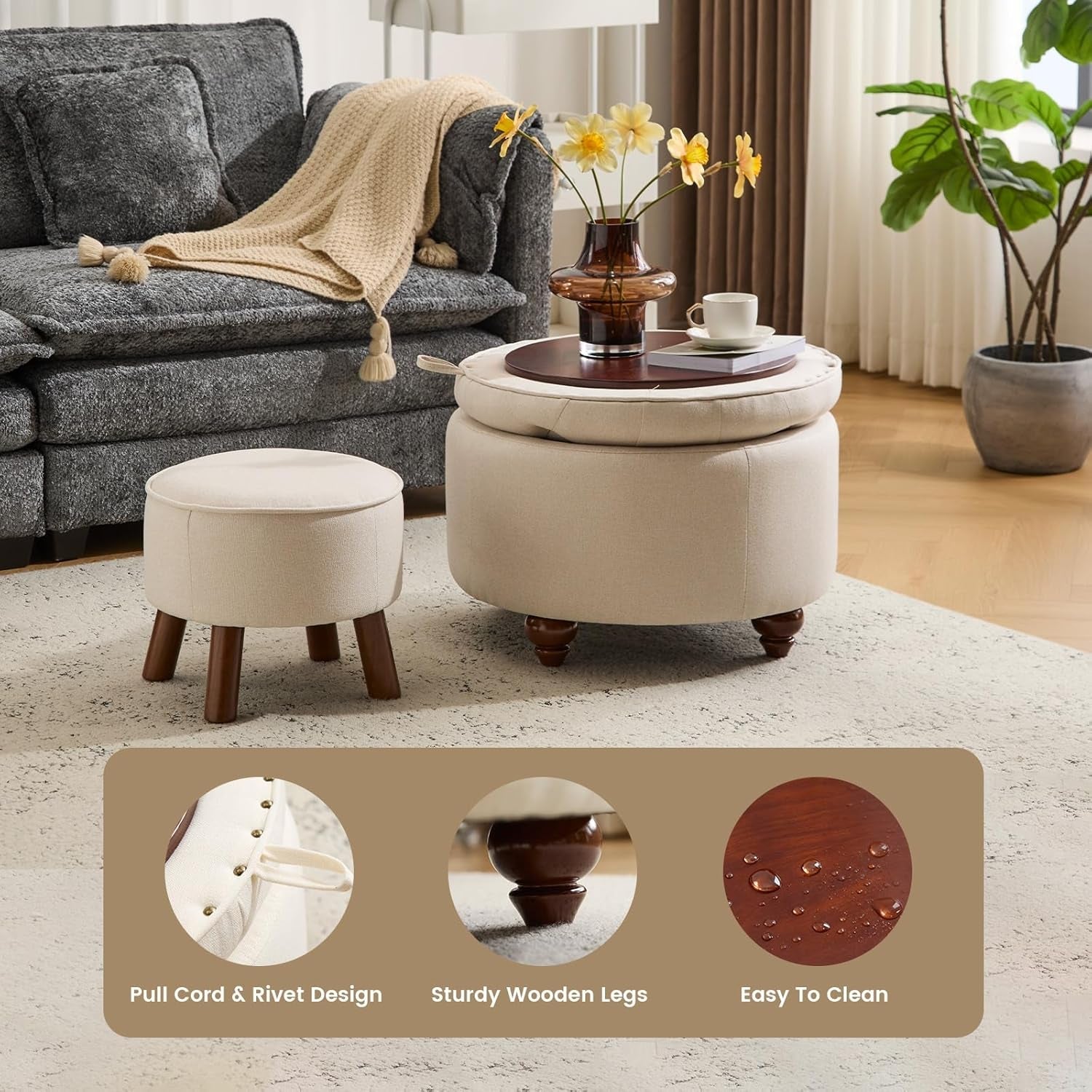 24 Inch Round Khaki Storage Ottoman Removable Top Cover