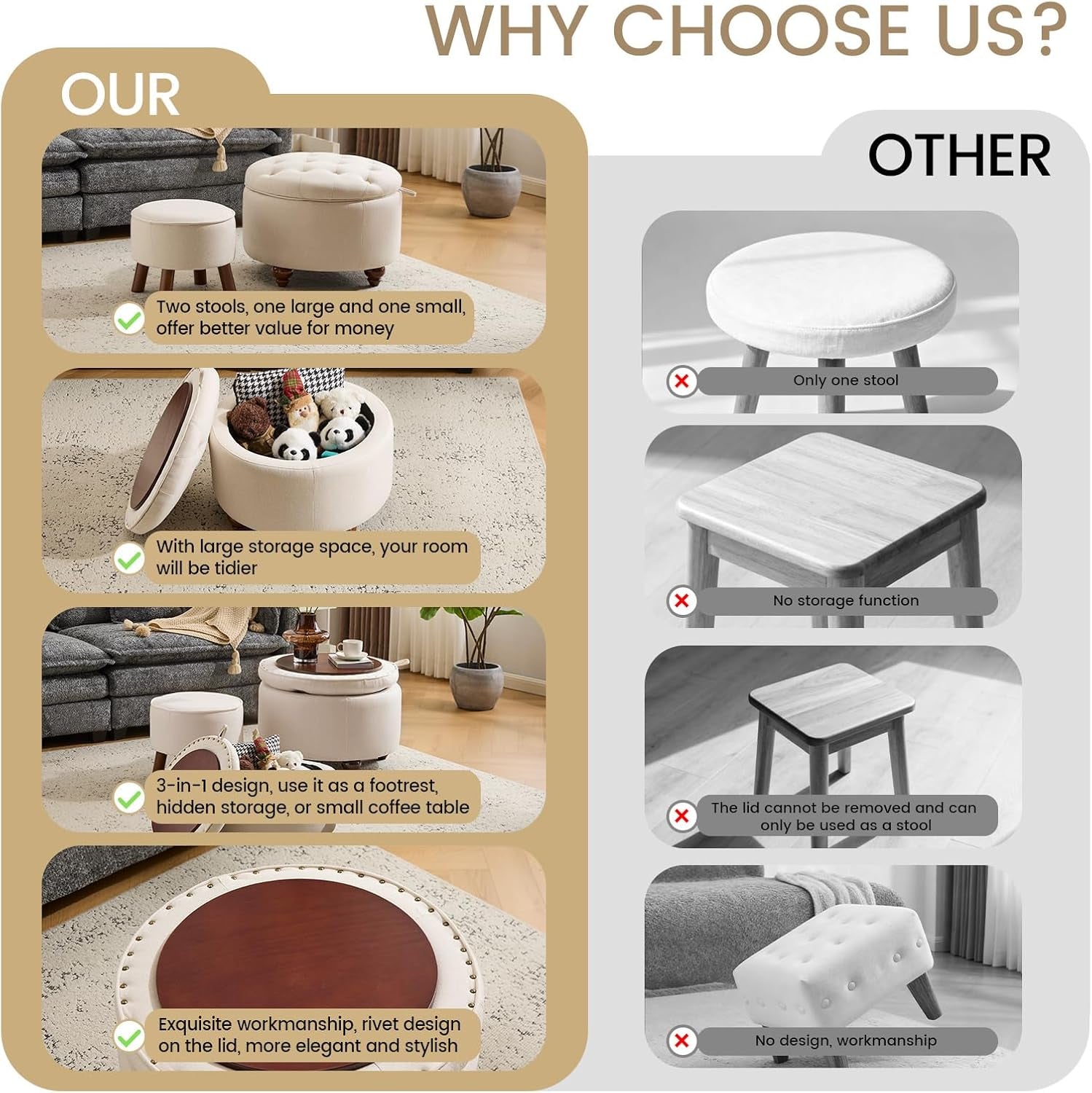 24 Inch Round Khaki Storage Ottoman Removable Top Cover