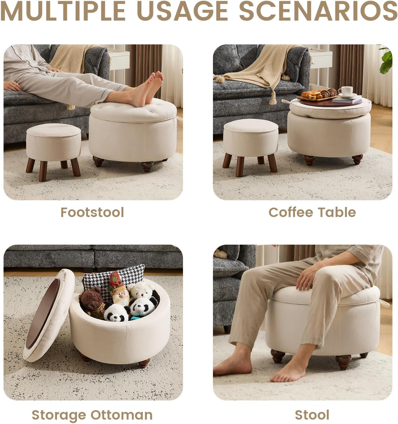 24 Inch Round Khaki Storage Ottoman Removable Top Cover