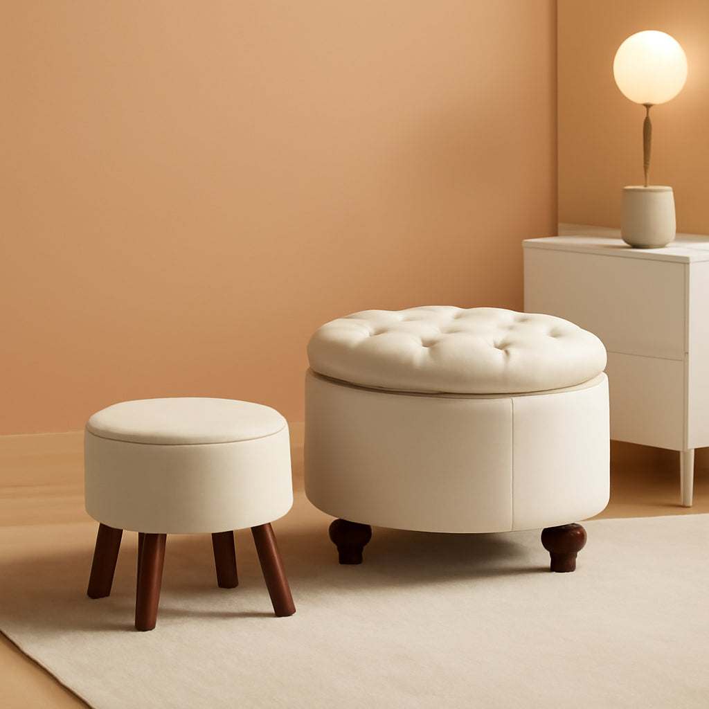 24 Inch Round Khaki Storage Ottoman Removable Top Cover