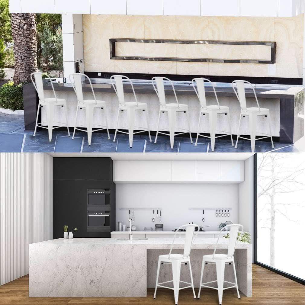 24 Inch Stackable Metal Bar Stool Set Of 4 With Backrest White Matte Finish For Kitchen Island Area