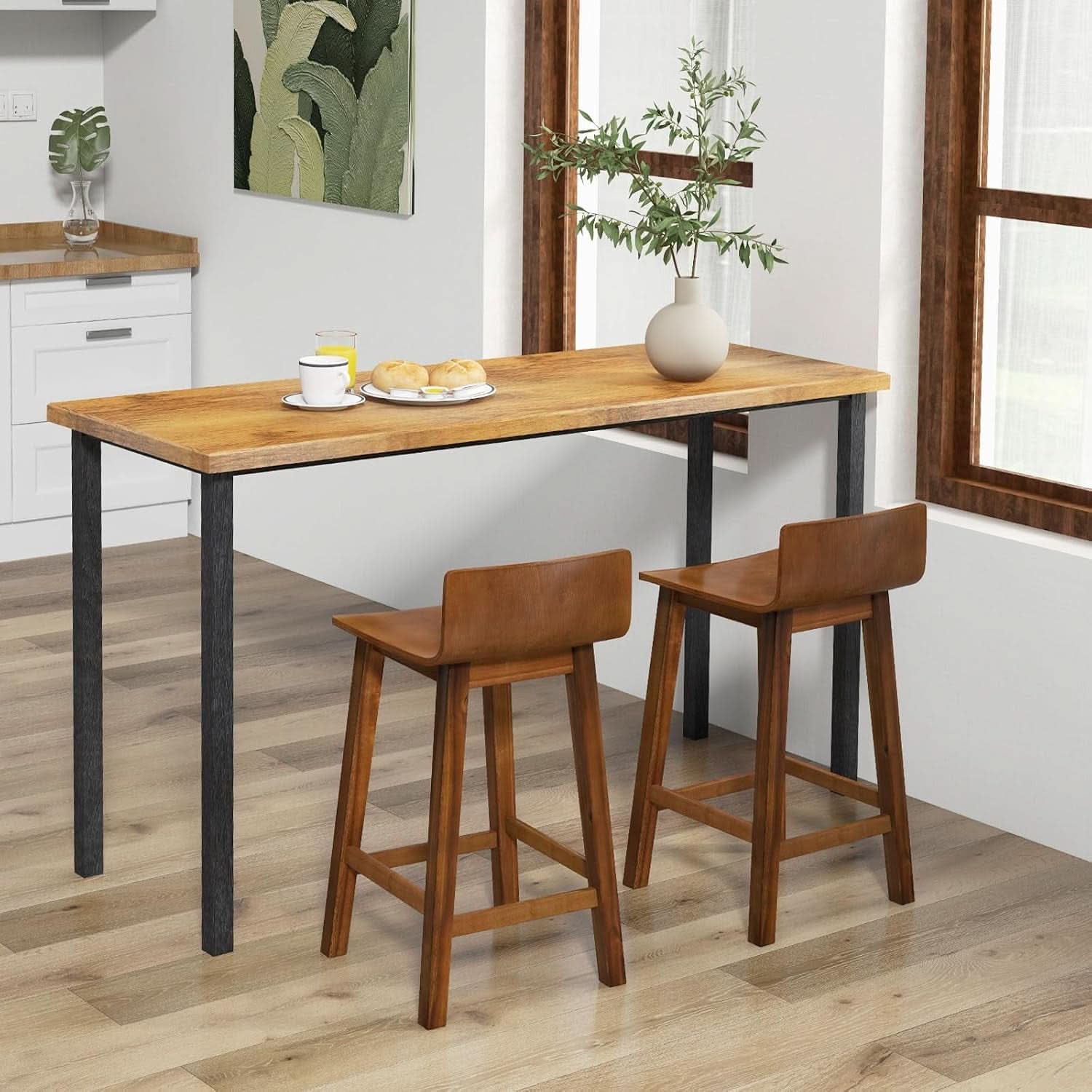 24.5 Inch Counter Height Farmhouse Wooden Bar Stool Set Of 2 With Brown Footrest And Low Back