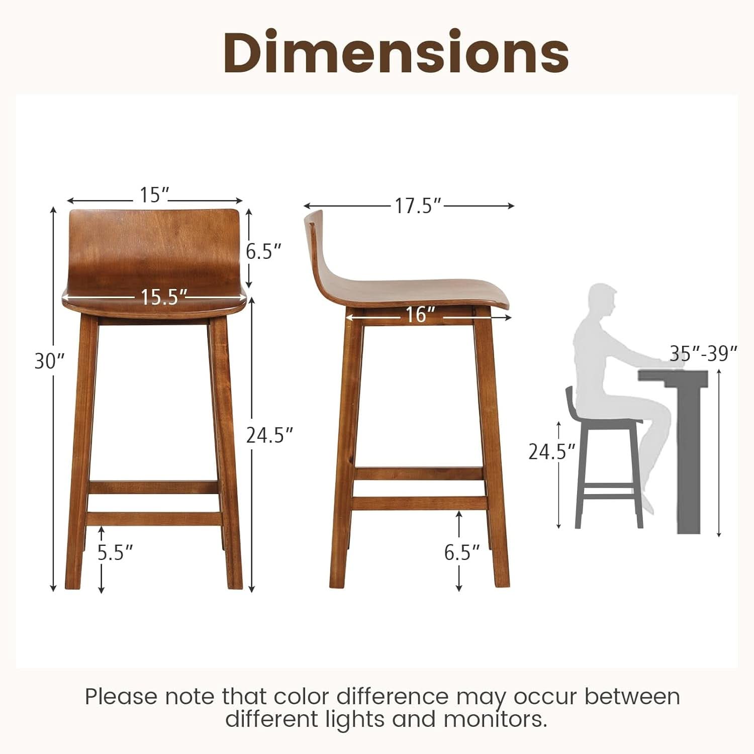 24.5 Inch Counter Height Farmhouse Wooden Bar Stool Set Of 2 With Brown Footrest And Low Back