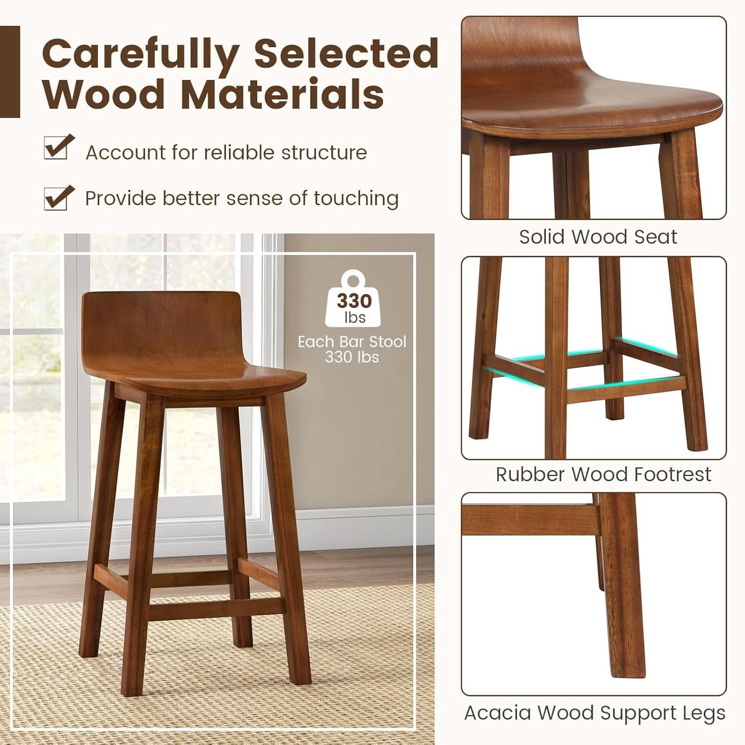 24.5 Inch Counter Height Farmhouse Wooden Bar Stool Set Of 2 With Brown Footrest And Low Back