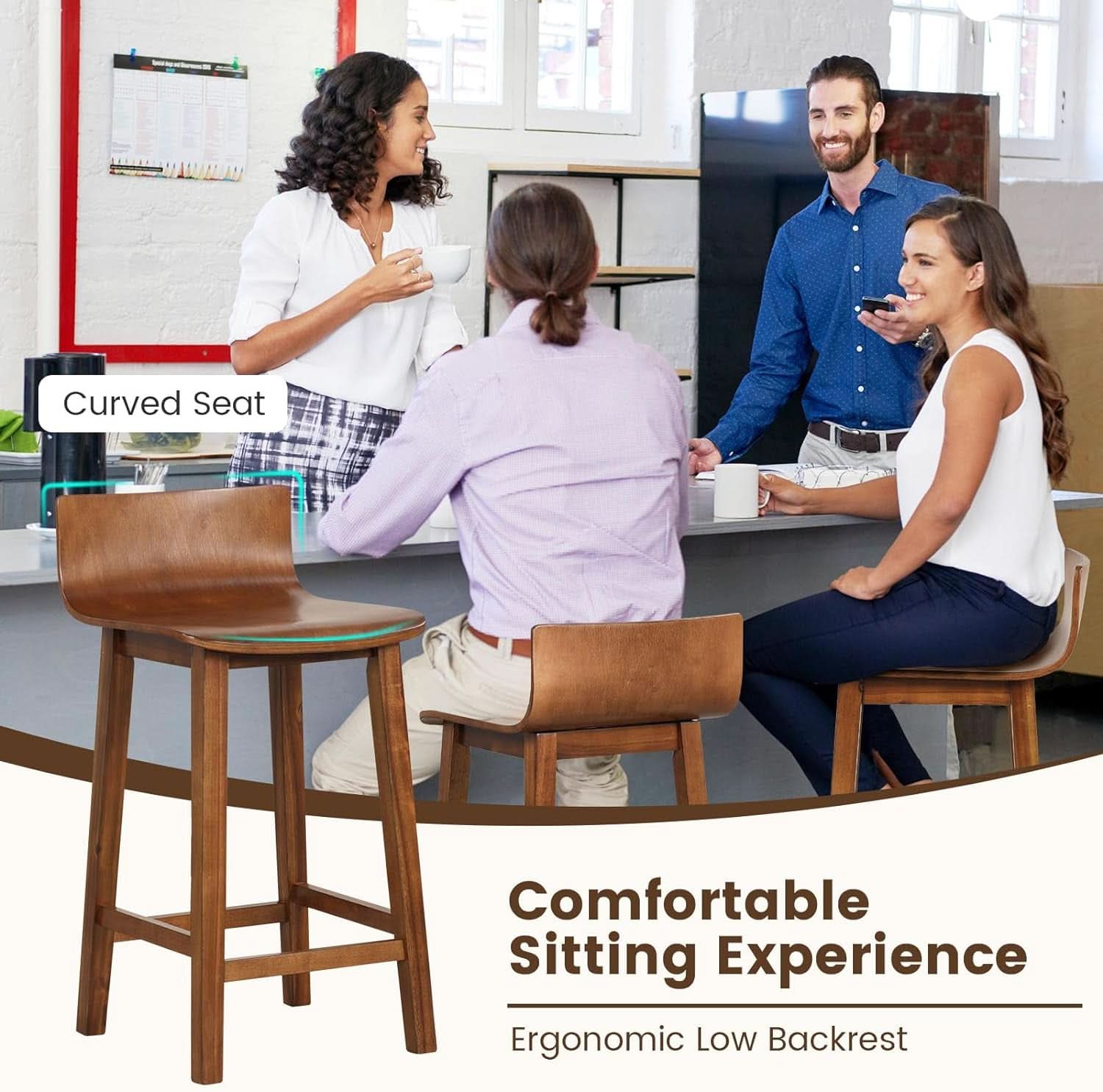 24.5 Inch Counter Height Farmhouse Wooden Bar Stool Set Of 2 With Brown Footrest And Low Back