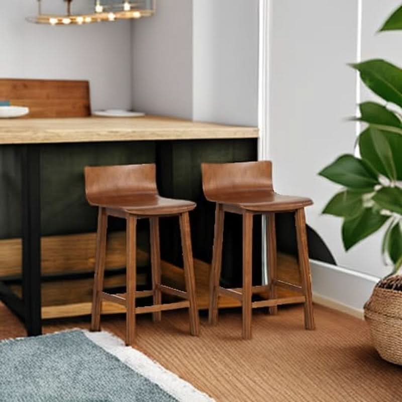 24.5 Inch Counter Height Farmhouse Wooden Bar Stool Set Of 2 With Brown Footrest And Low Back