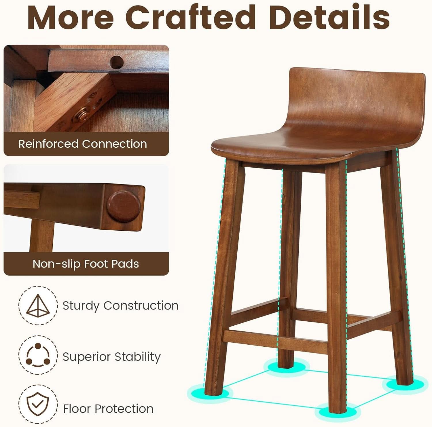 24.5 Inch Counter Height Farmhouse Wooden Bar Stool Set Of 2 With Brown Footrest And Low Back