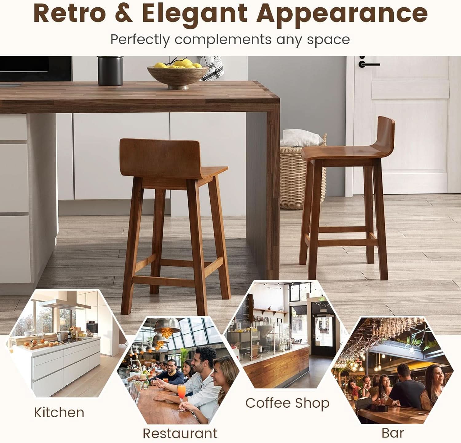 24.5 Inch Counter Height Farmhouse Wooden Bar Stool Set Of 2 With Brown Footrest And Low Back