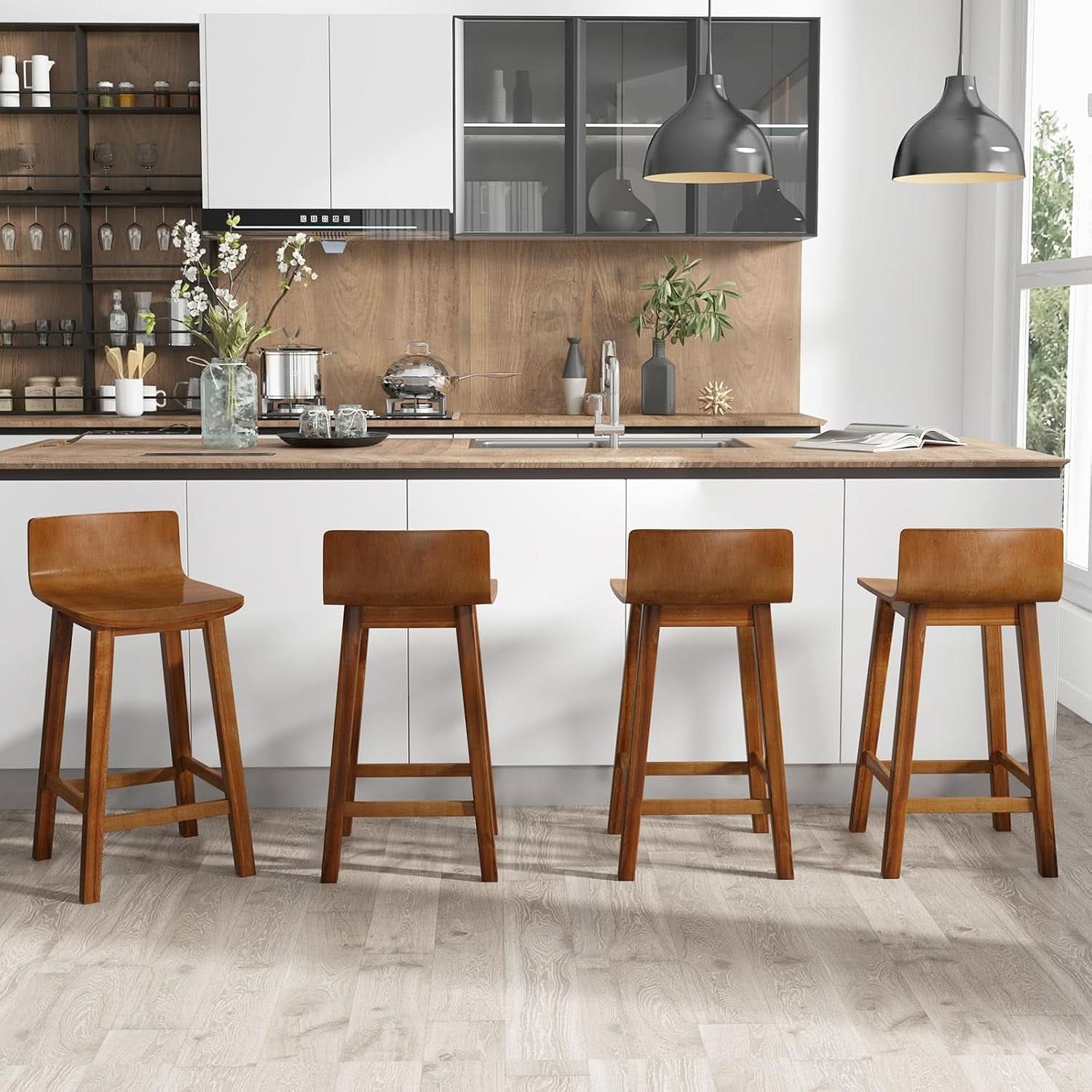 24.5 Inch Counter Height Farmhouse Wooden Bar Stool Set Of 2 With Brown Footrest And Low Back