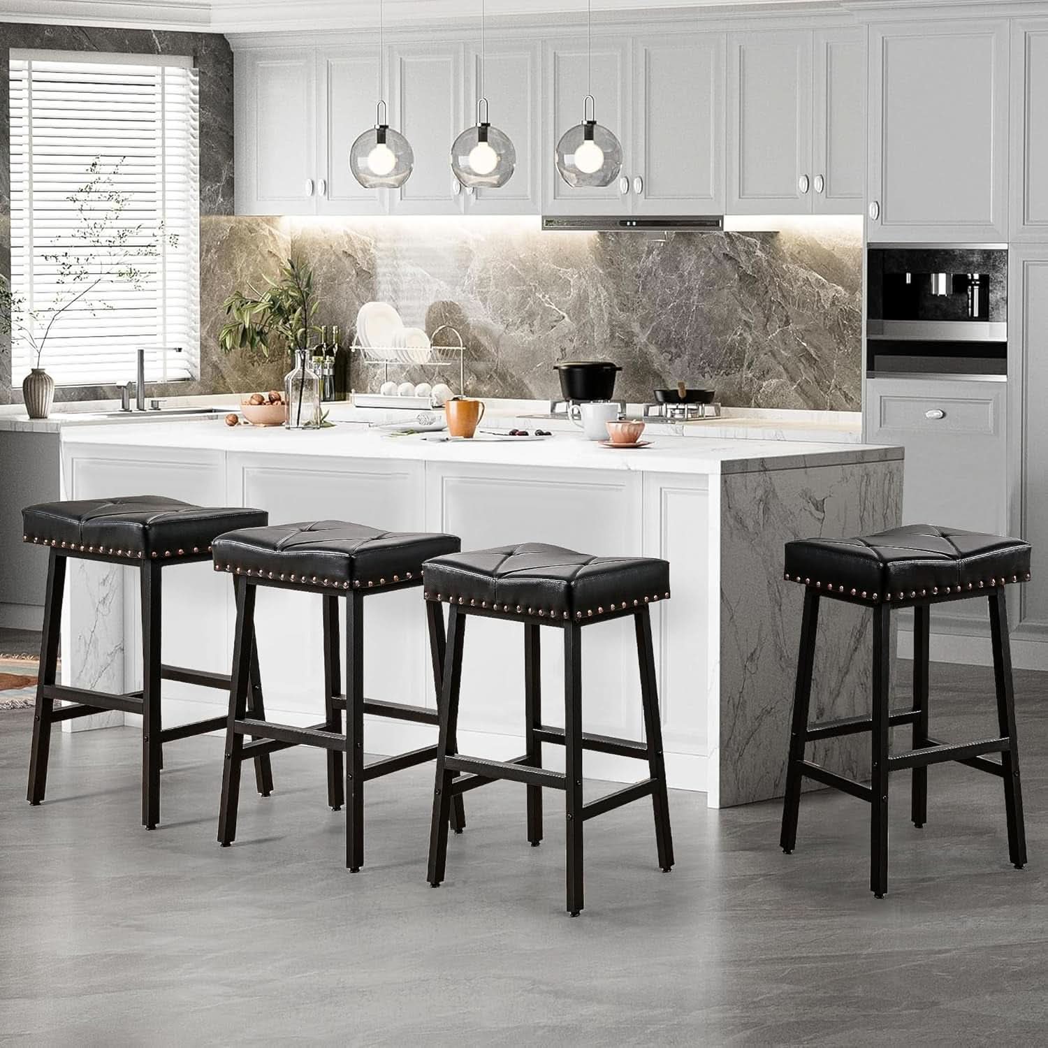 25 Inch Counter Height Bar Stools Set Of 2 In Black With PU Upholstered Saddle Seats For Comfort