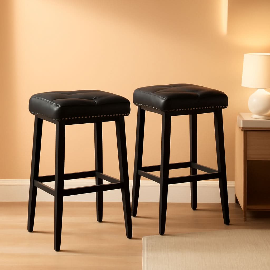 25 Inch Counter Height Bar Stools Set Of 2 In Black With PU Upholstered Saddle Seats For Comfort