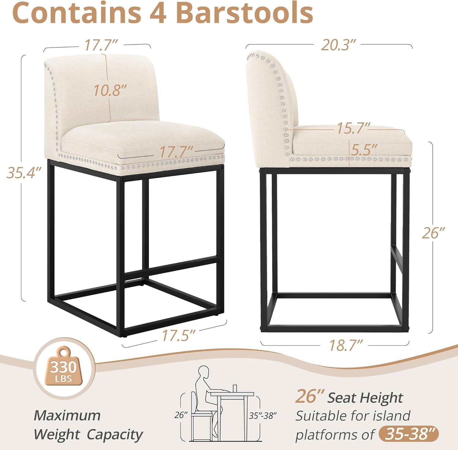 26 Inch Bar Stools Set Of 4 Champagne Chenille Cushioned Counter Height Bar Stools For Kitchen Island
