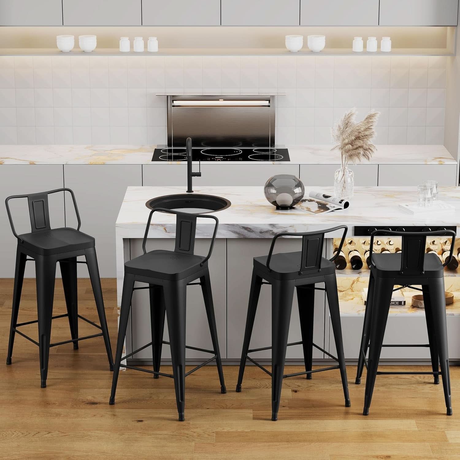 26 Inch Black Industrial Metal Bar Stools Set Of 4 For Indoor Outdoor Weather Resistant Ergonomic Comfort
