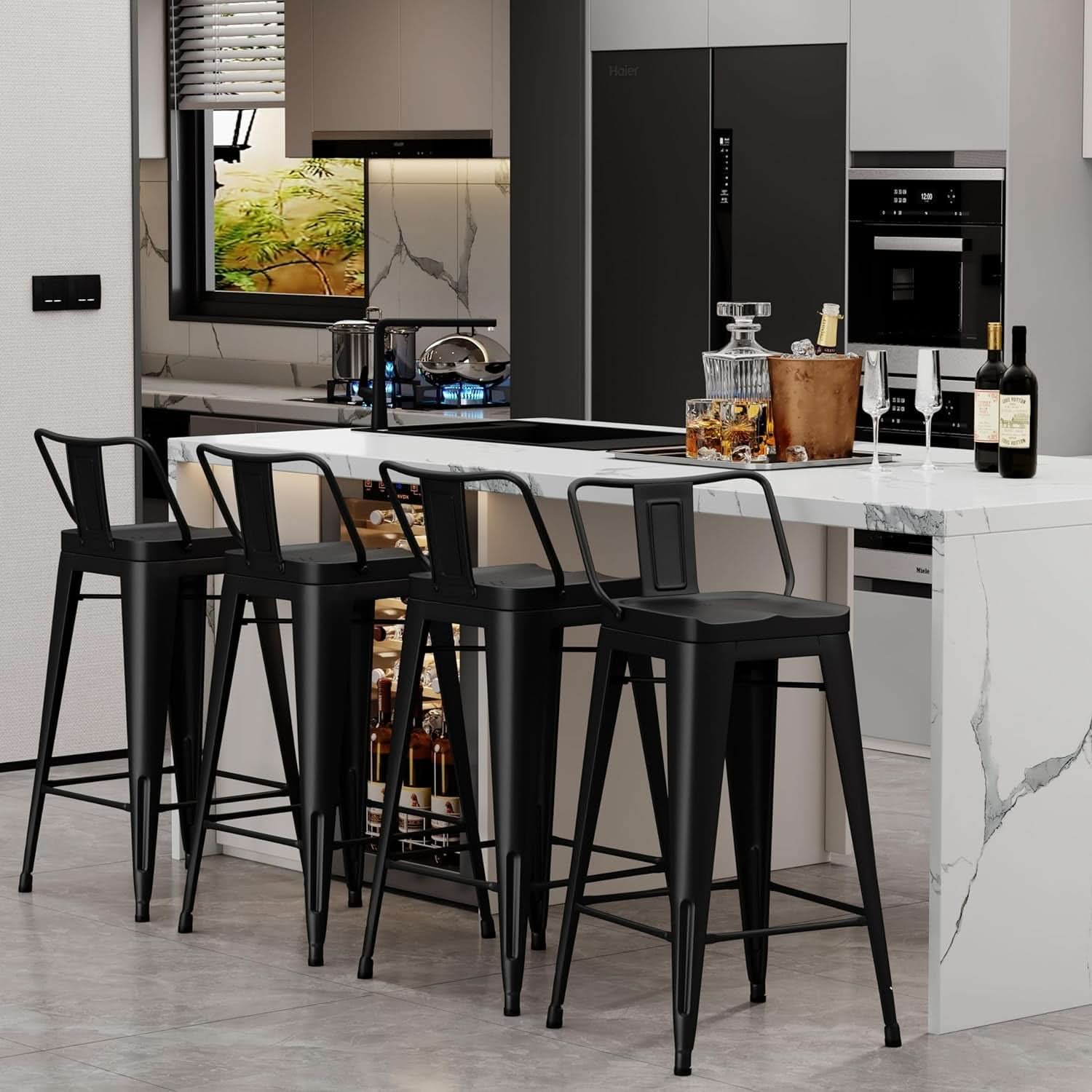26 Inch Black Industrial Metal Bar Stools Set Of 4 For Indoor Outdoor Weather Resistant Ergonomic Comfort