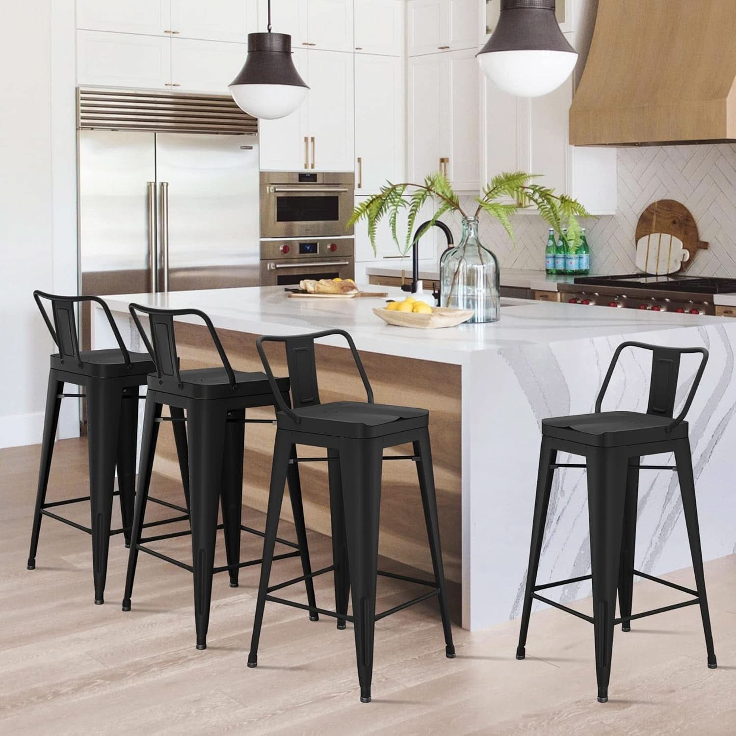 26 Inch Black Industrial Metal Bar Stools Set Of 4 For Indoor Outdoor Weather Resistant Ergonomic Comfort