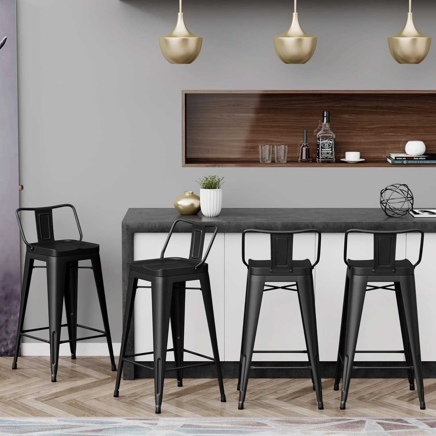 26 Inch Black Industrial Metal Bar Stools Set Of 4 For Indoor Outdoor Weather Resistant Ergonomic Comfort