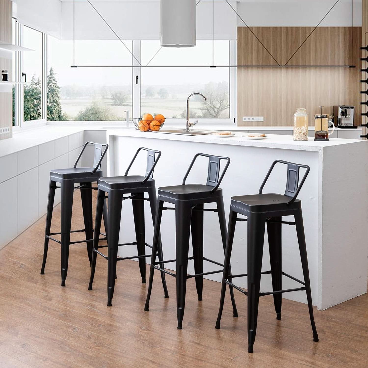 26 Inch Black Industrial Metal Bar Stools Set Of 4 For Indoor Outdoor Weather Resistant Ergonomic Comfort