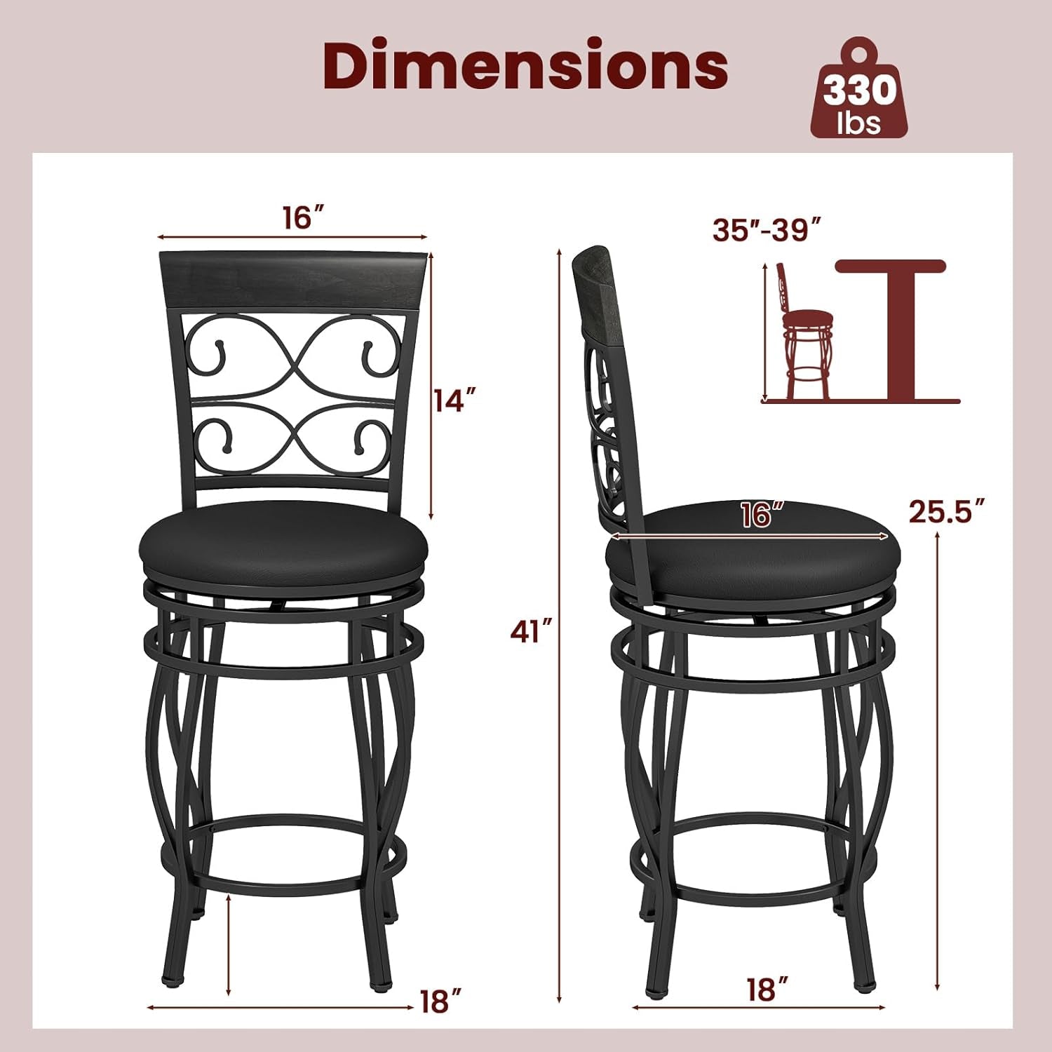 26 Inch Swivel Bar Stools Set Of 2 With Back PU Leather Upholstered Seat Black Counter Height Footrest
